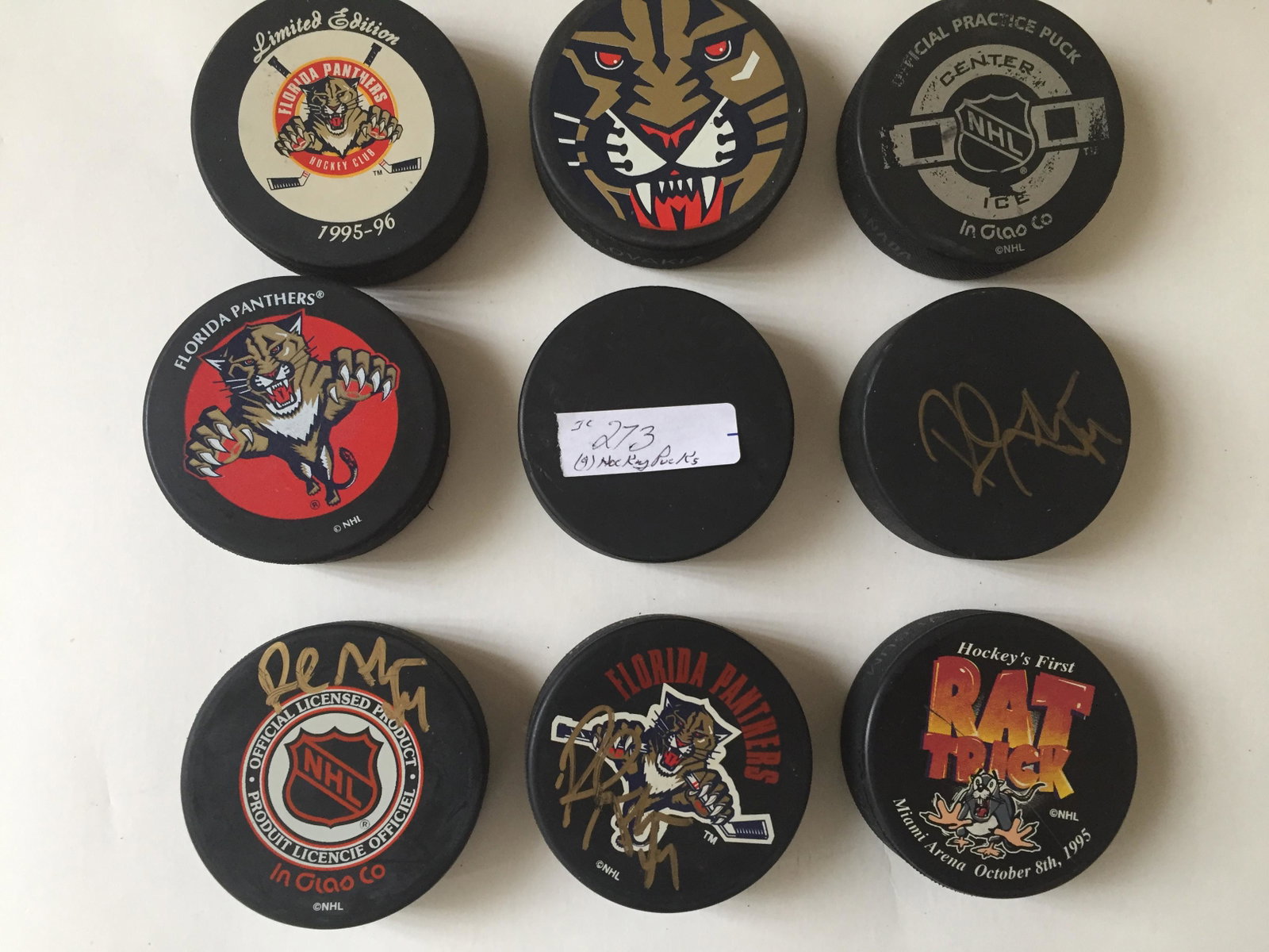 Hockey Pucks, (9) NFL Panthers & 1994 POSTER: Hockey Pucks, (9) NFL Panthers & 1994 POSTER (19.5X25”H)