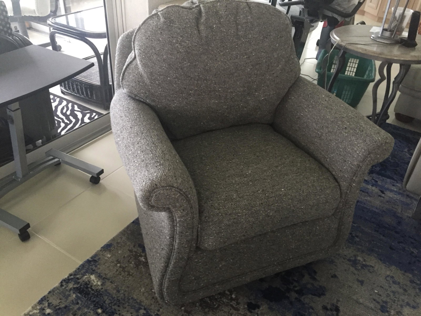 GRAY/WHITE SPECKLE SWIVEL ROCKER ARMCHAIR: Hancock & Moore. I have another one Lot# 159