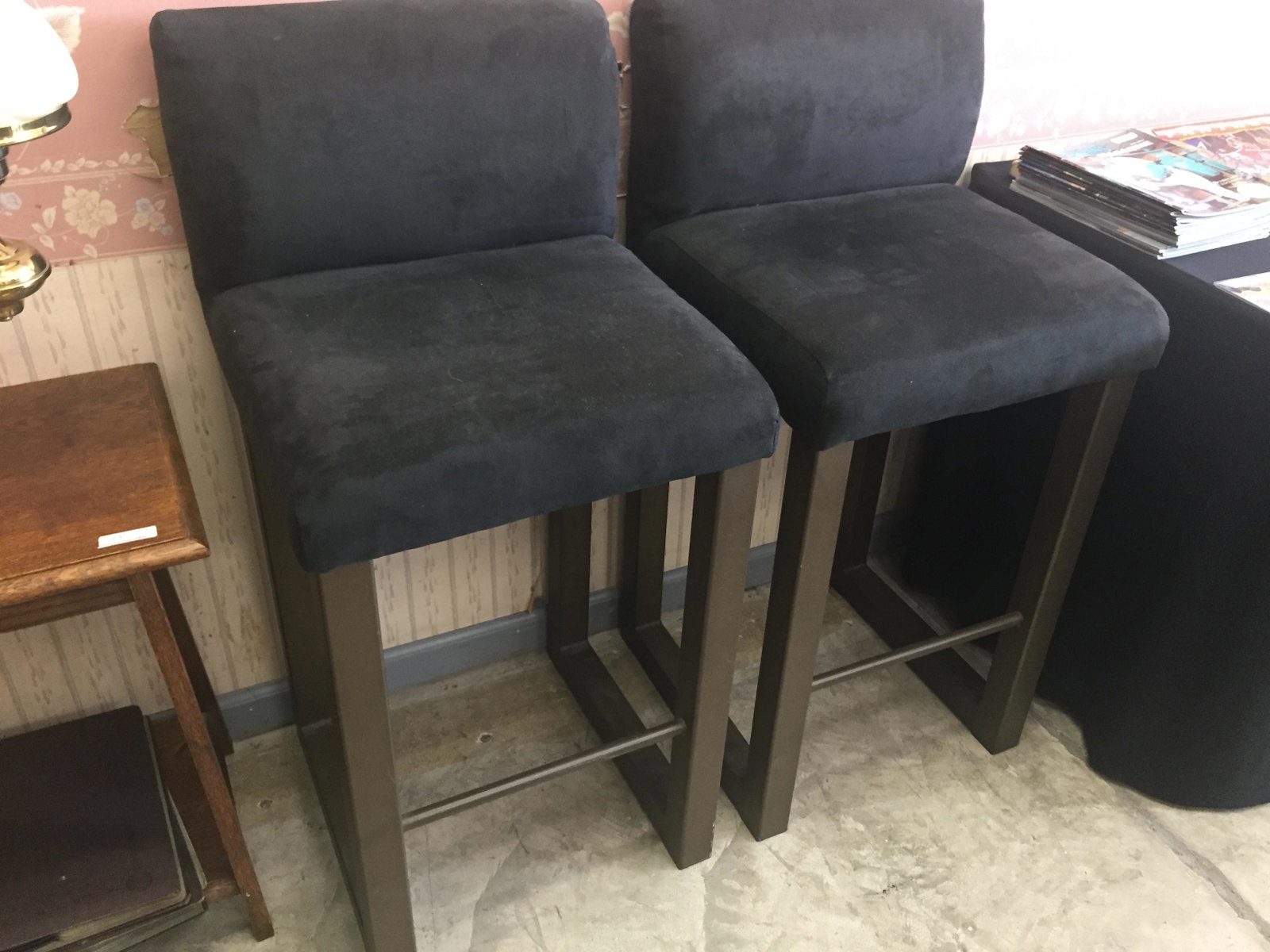 Bar Stools: (2) Gray Suede-like Bar Stools with Metal LegsWell Made