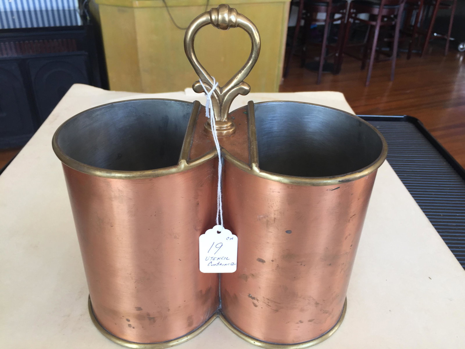 Kitchen-Appliances: Vintage Brass Handle & Trim Copper Utensil Holder, 10h x 9.5w x 5d Consigner CH