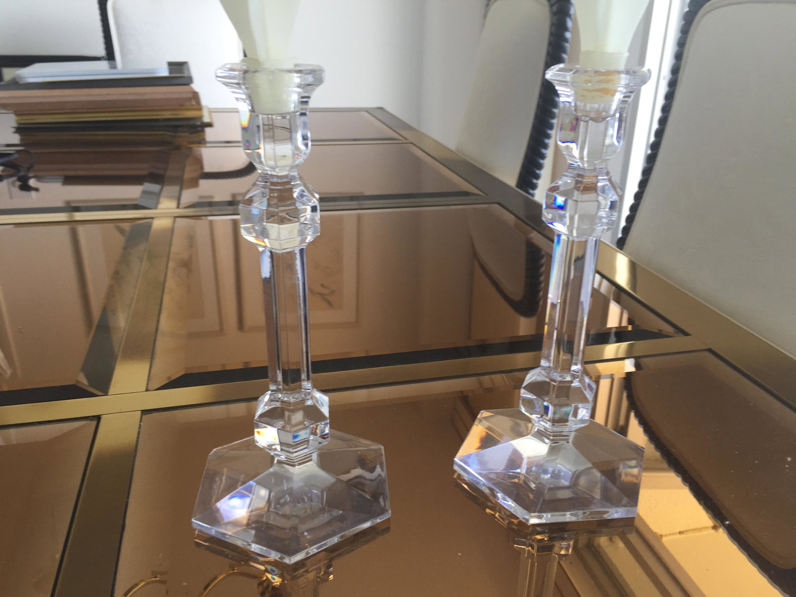 Candle Sticks: Pair Crystal Candle Sticks 'Val St. Lambert'(very slight chip)9.75"h x 5"w Consigner PS
