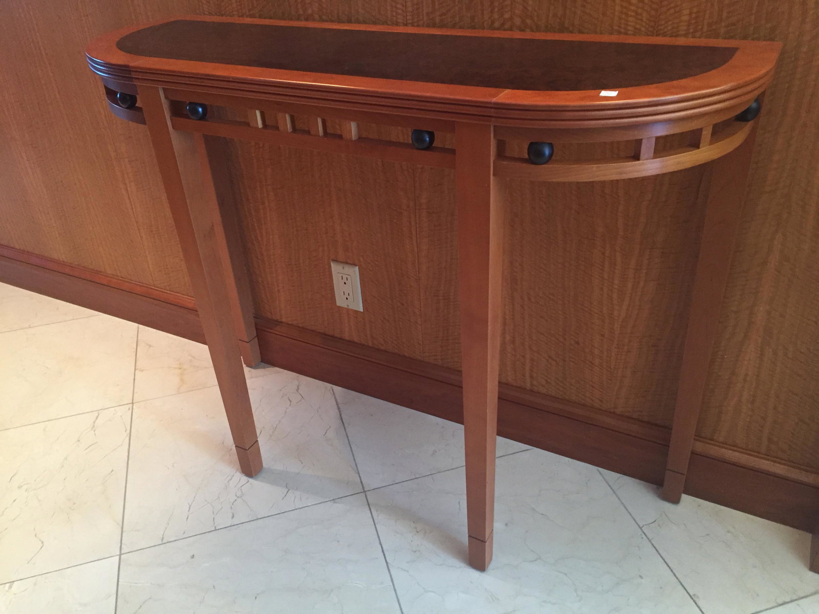 Tables: Rose Wood w/Burl Inlaid Demilune Console Table 33h x 26w Consigner HP
