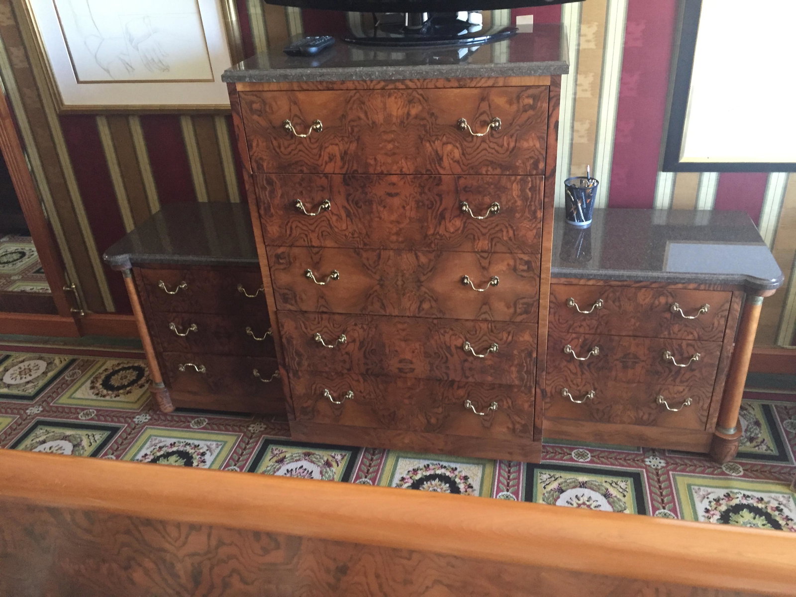 Bedroom: 3 pc. Granite Top Highboy Dresser Set 52h" x 7' x 2'dOn wheels (very heavy)