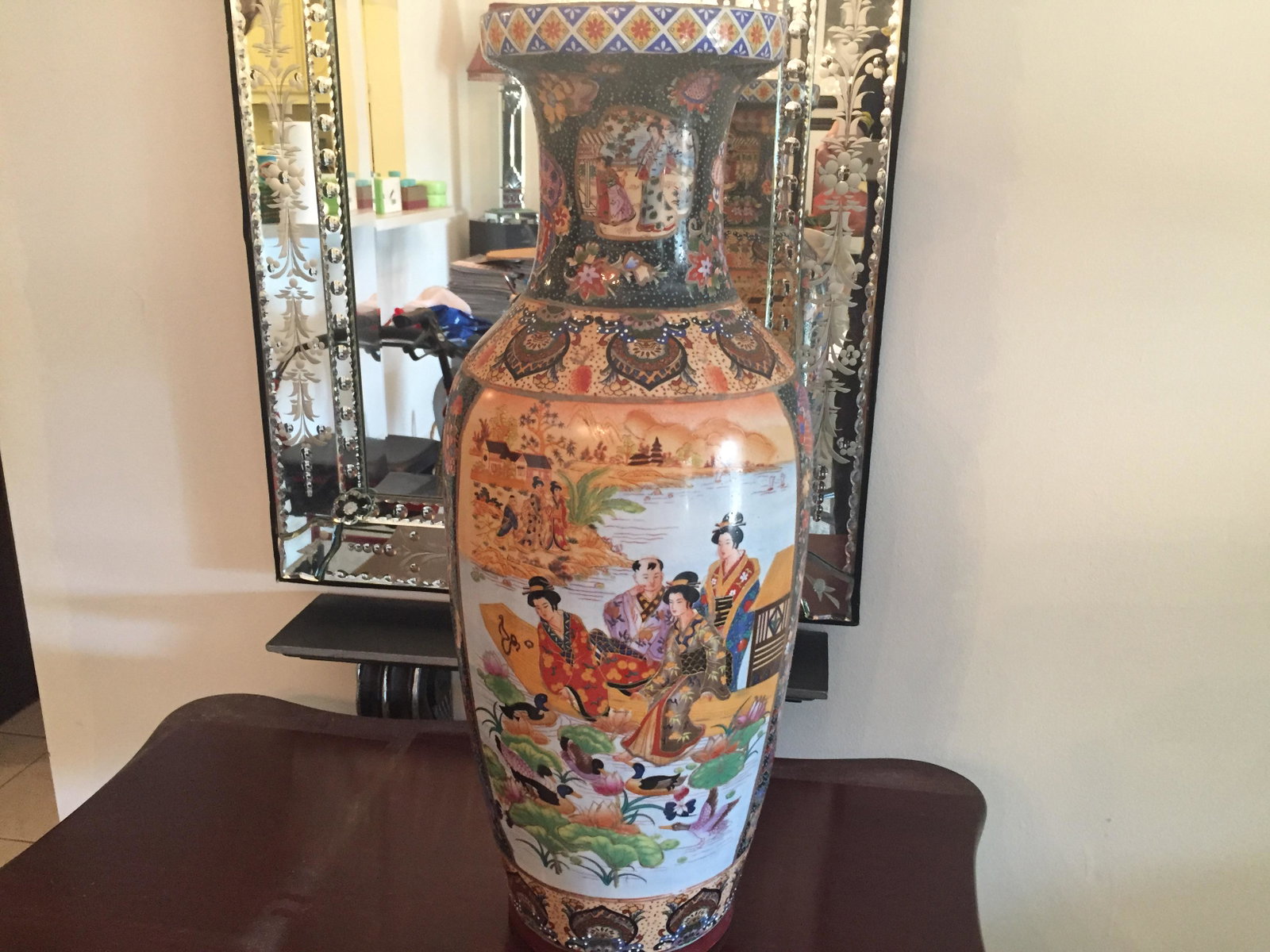Royal Satsuma: Hand Painted Satsuma Vase, 23.5"h x 9.5"dia. Consigner JL