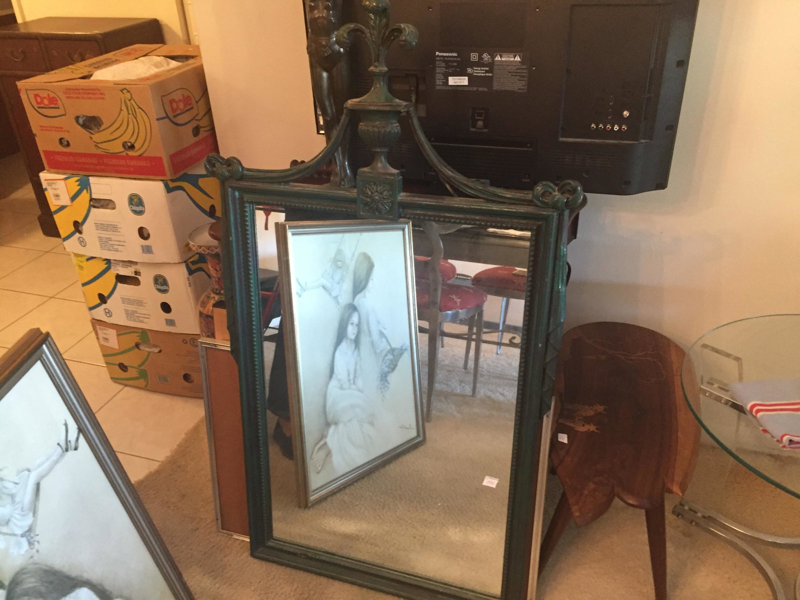Mirrors: Antique Green Painted Wood Wall Mirror, 47"h x 28"w Consigner JL