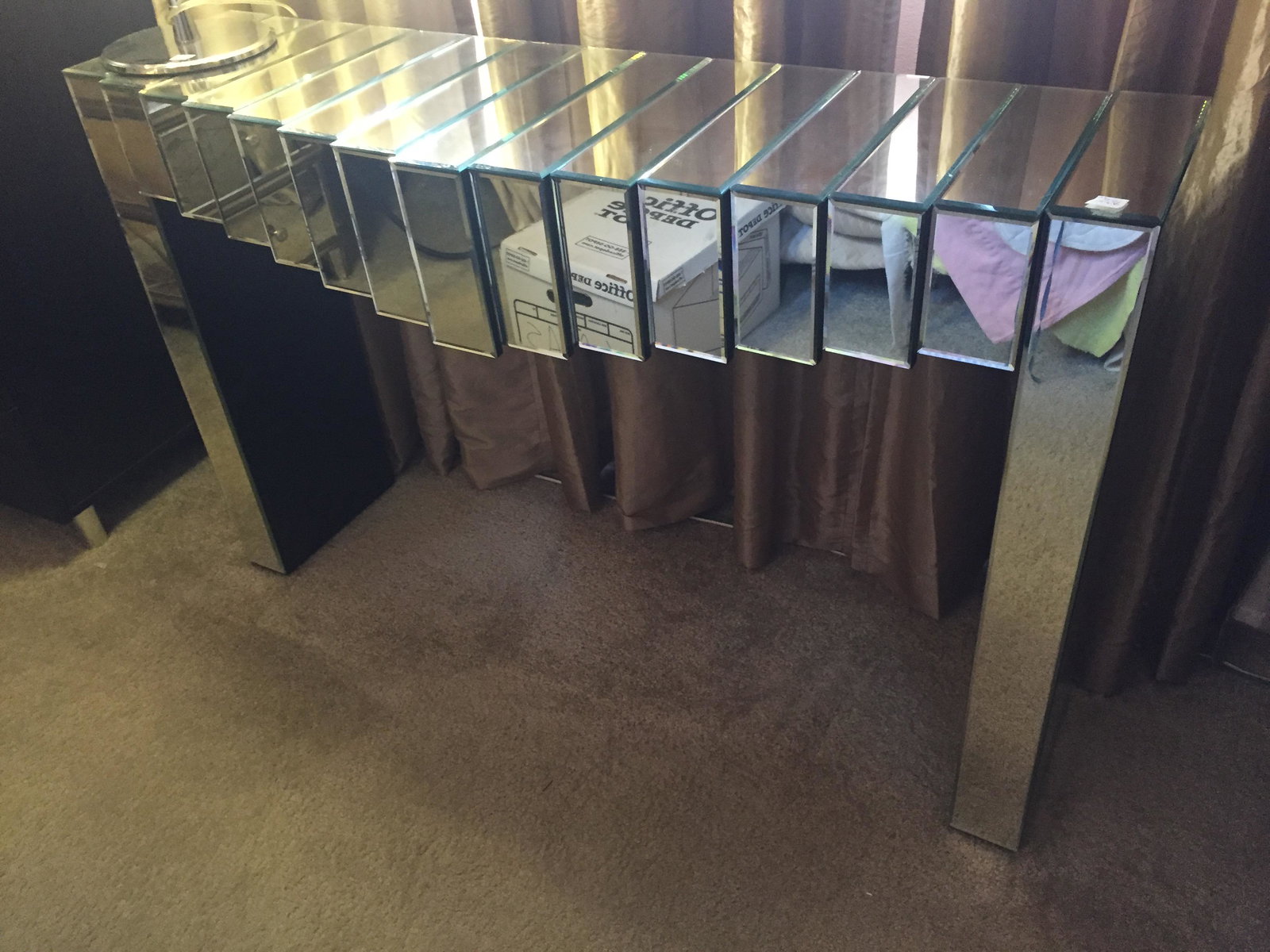 Furniture: Mirrored Console Table, 31"h x 47.5"w x 14"d (sm.chip back center, have to look for it.) Consigner JL