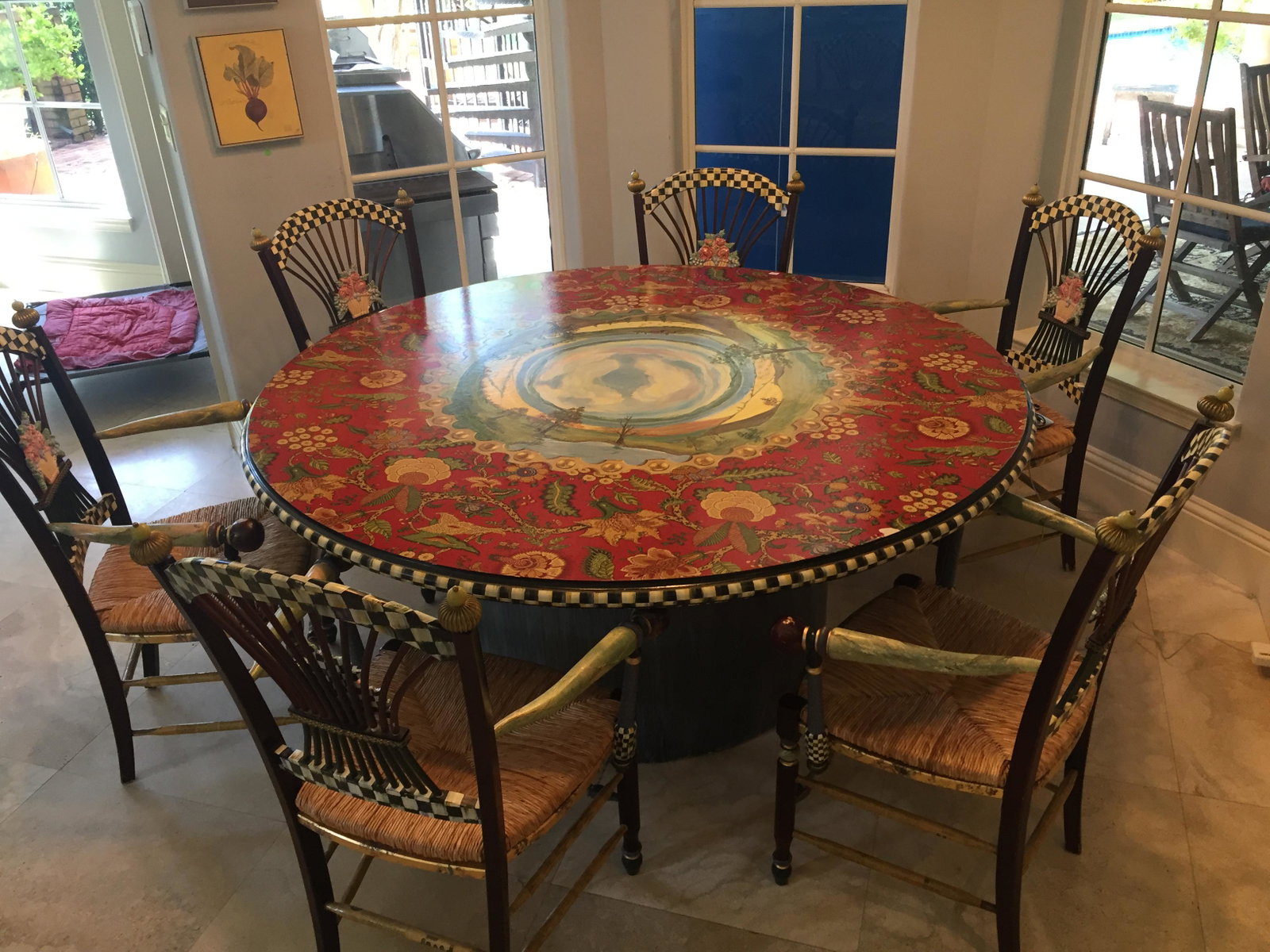 Mackenzie Child Table w/Chairs: Hand Painted 'Mackenzie Child' 71"dia. Table with 8-Chairs