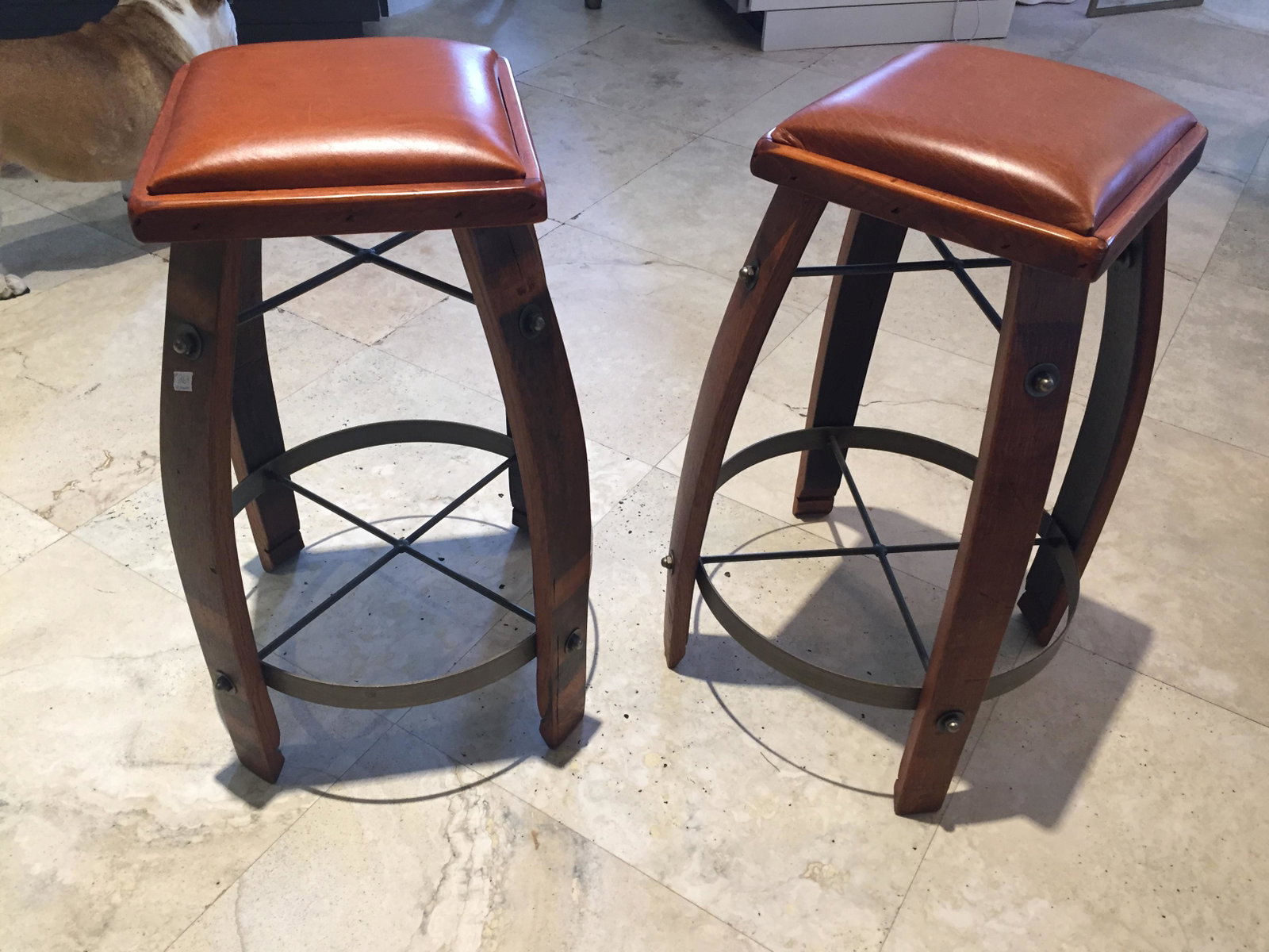 Bar Stools: (2) Leather Top Heavy Wood Bar Stools, 29"h x 20"dia.