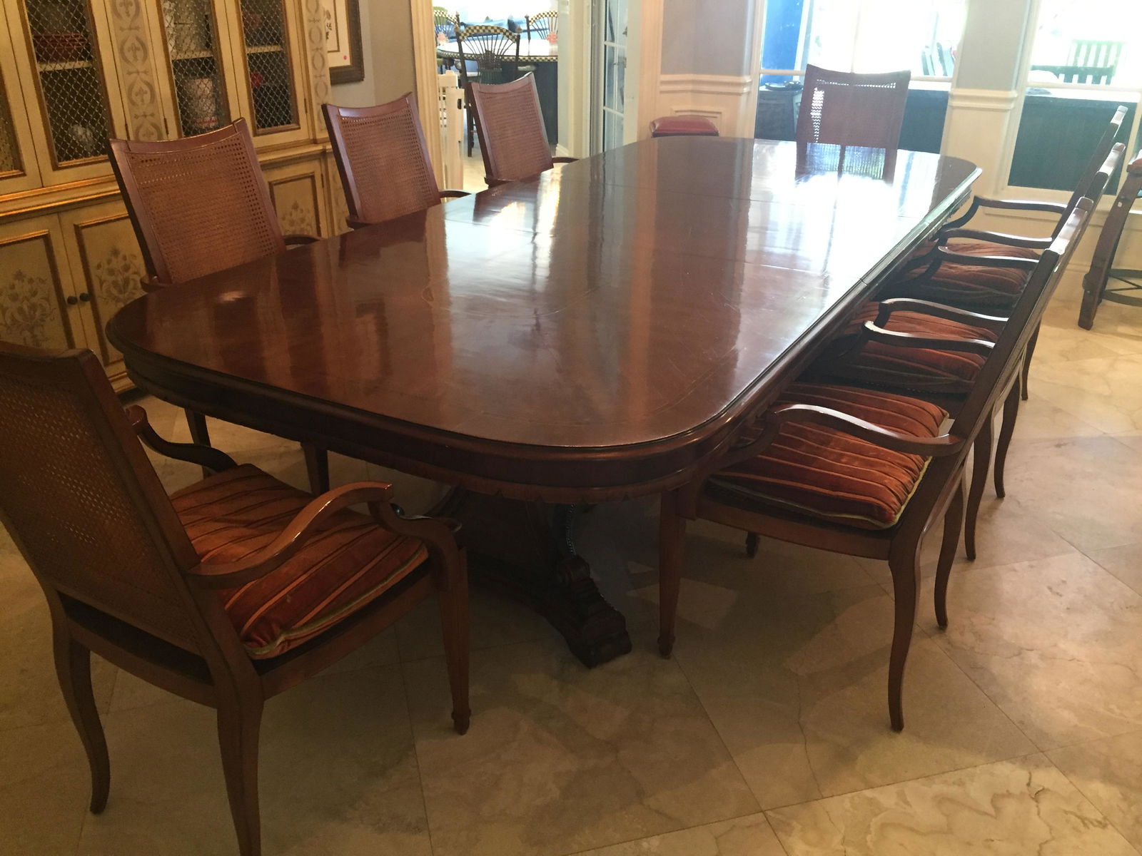 Alfonso Marina Dining Room Table/Chairs: Hand Inlaid Mahogany Dining Rm. Inlaid Table,94"l x 54.5"w, 1-leaf,24"x54.5"w, 8-Double Cain Back Chairs
