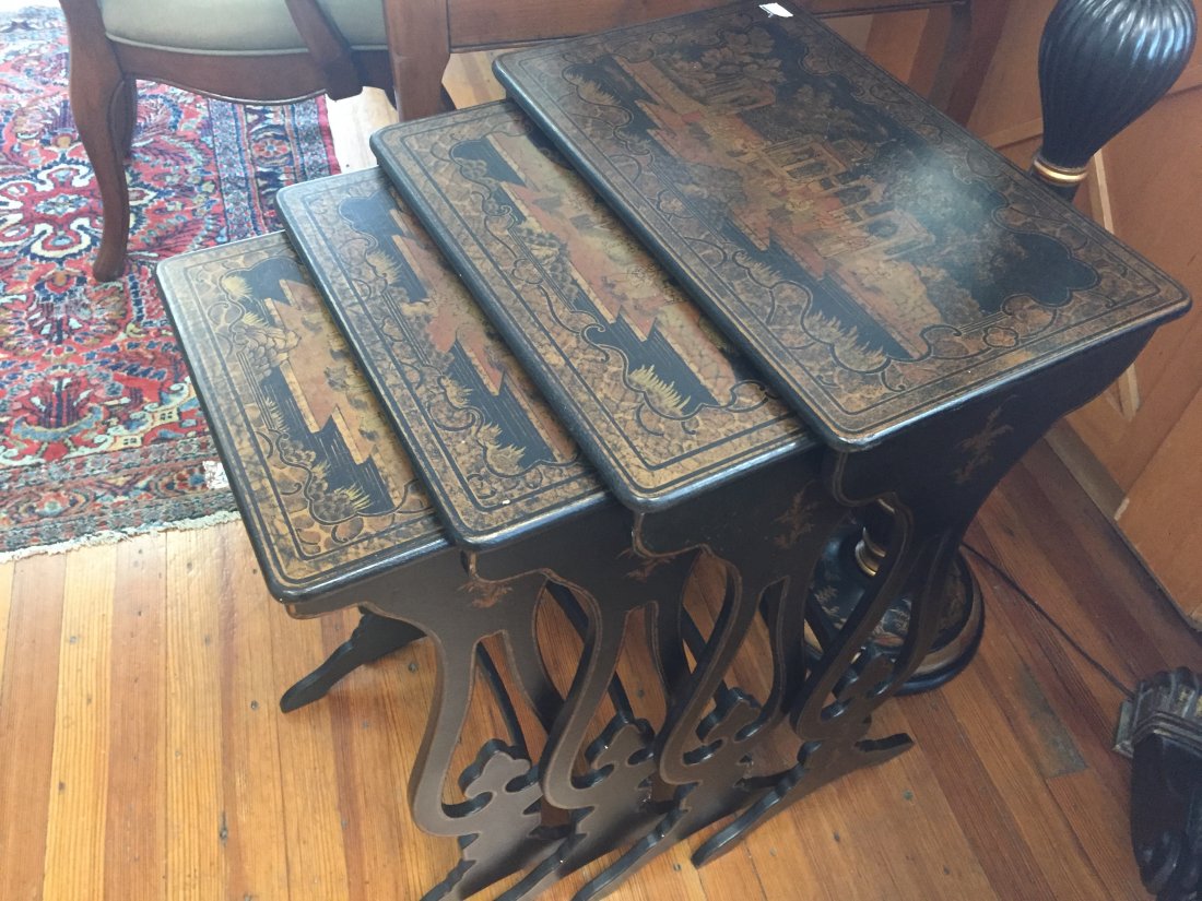 CHINESE NEST TABLES: NEST OF 4-CHINESE BLACK & GOLD TABLES 28"h x 19.5"w x 12"d