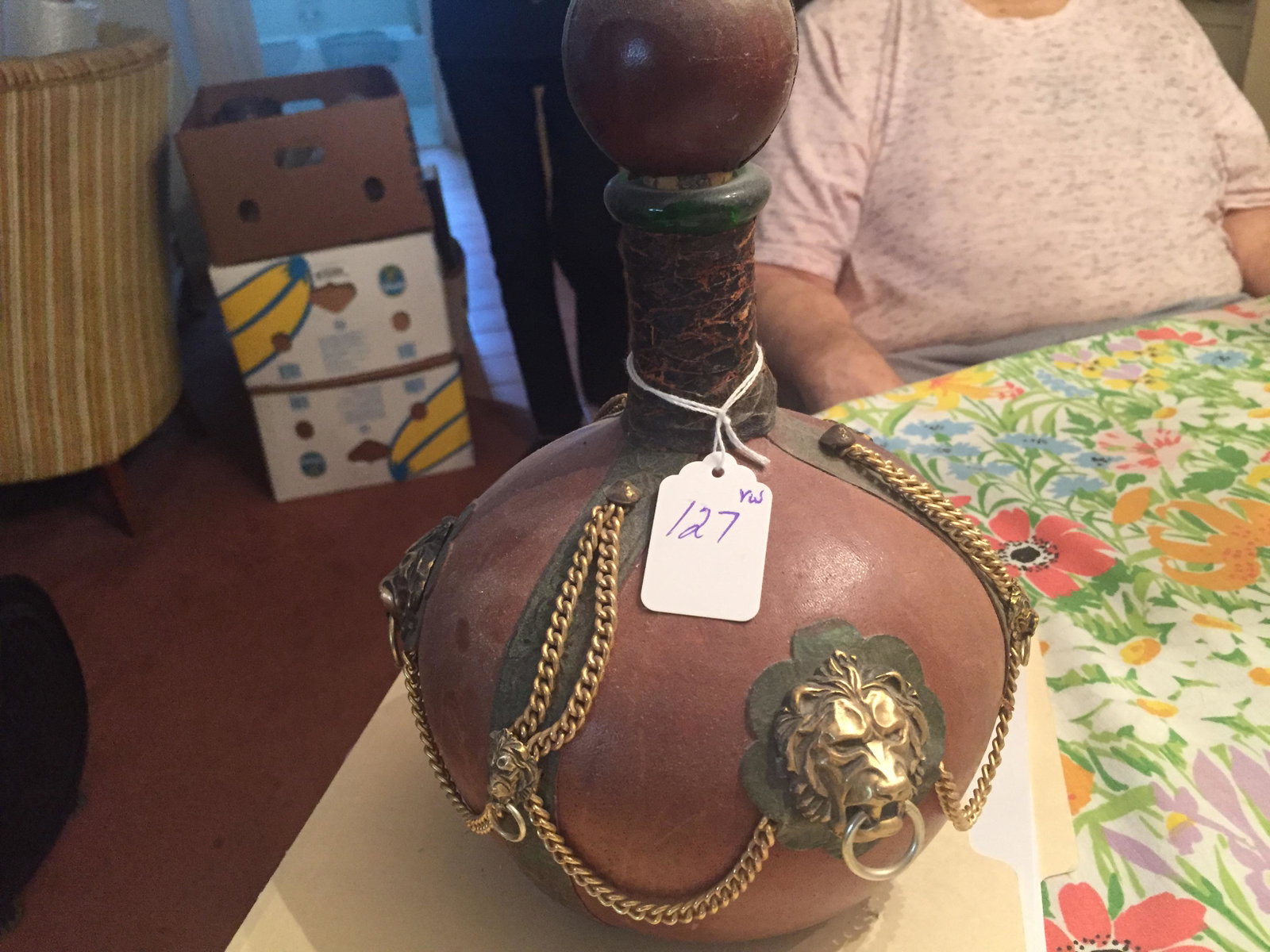 BARWARE: LEATHER COVERED LIQUOR BOTTLE, ITALY 11"h x 8"dia.