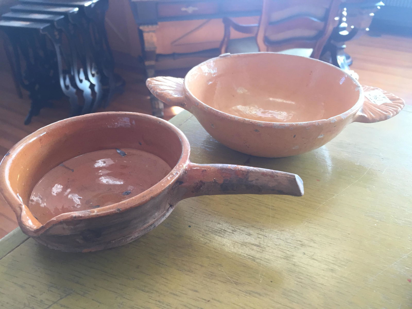 JASPE POTTERY: 2pcs. 19th c.FRENCH JASPE POTTERY, DOUBLE HANDLE BOWL & POURING BOWL.2.25"h x 6.4"dia./2"hx4.25"dia.