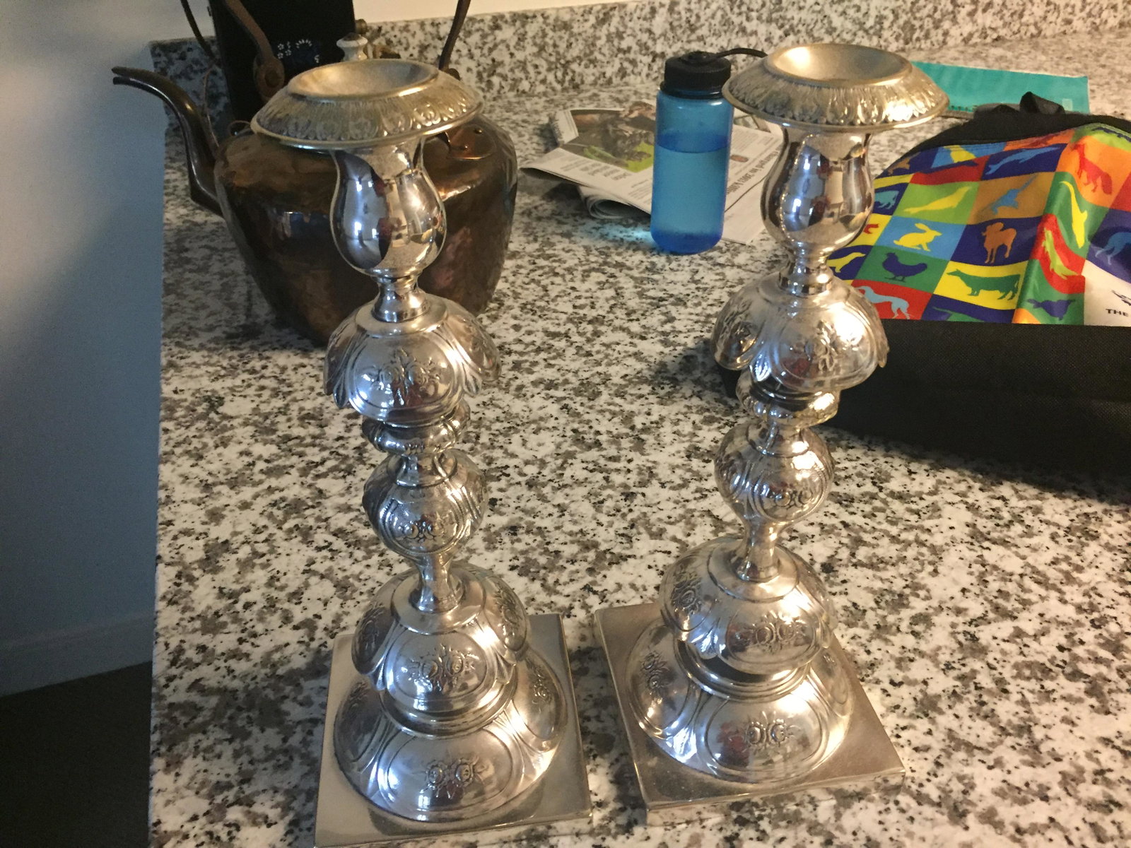 CANDLE STICKS: SILVER CANDLE STICKS 13"h x 5"sq.