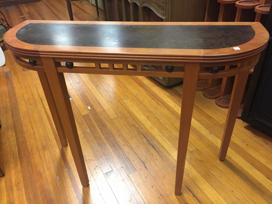 TABLES: ROSE WOOD with BURLWOOD IN LAID CONSOLE TABLE, 33"h x 26"w x 14"d