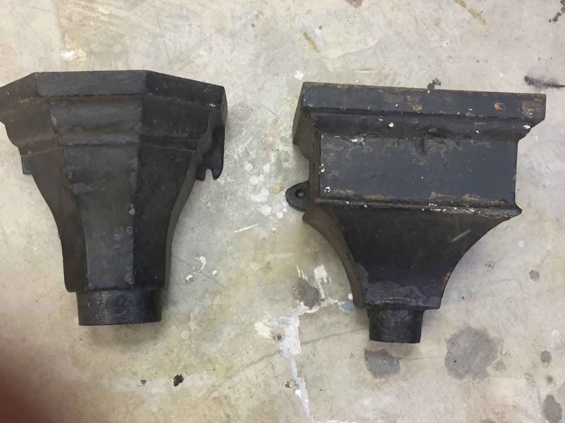 ARCHITECTURAL: (2) Antique Architectural Cast Iron Exterior Rain Gutter Collector Box