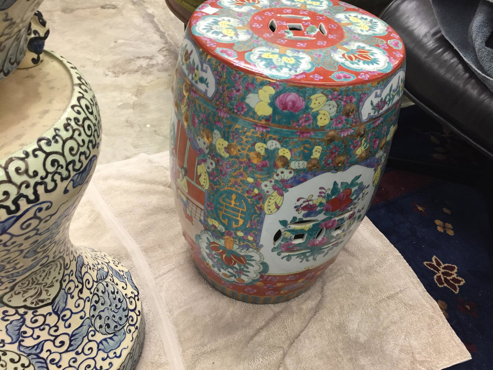 Asian-Garden Stool: Japanese Porcelain Garden Stool, 18"h x 14"dia.