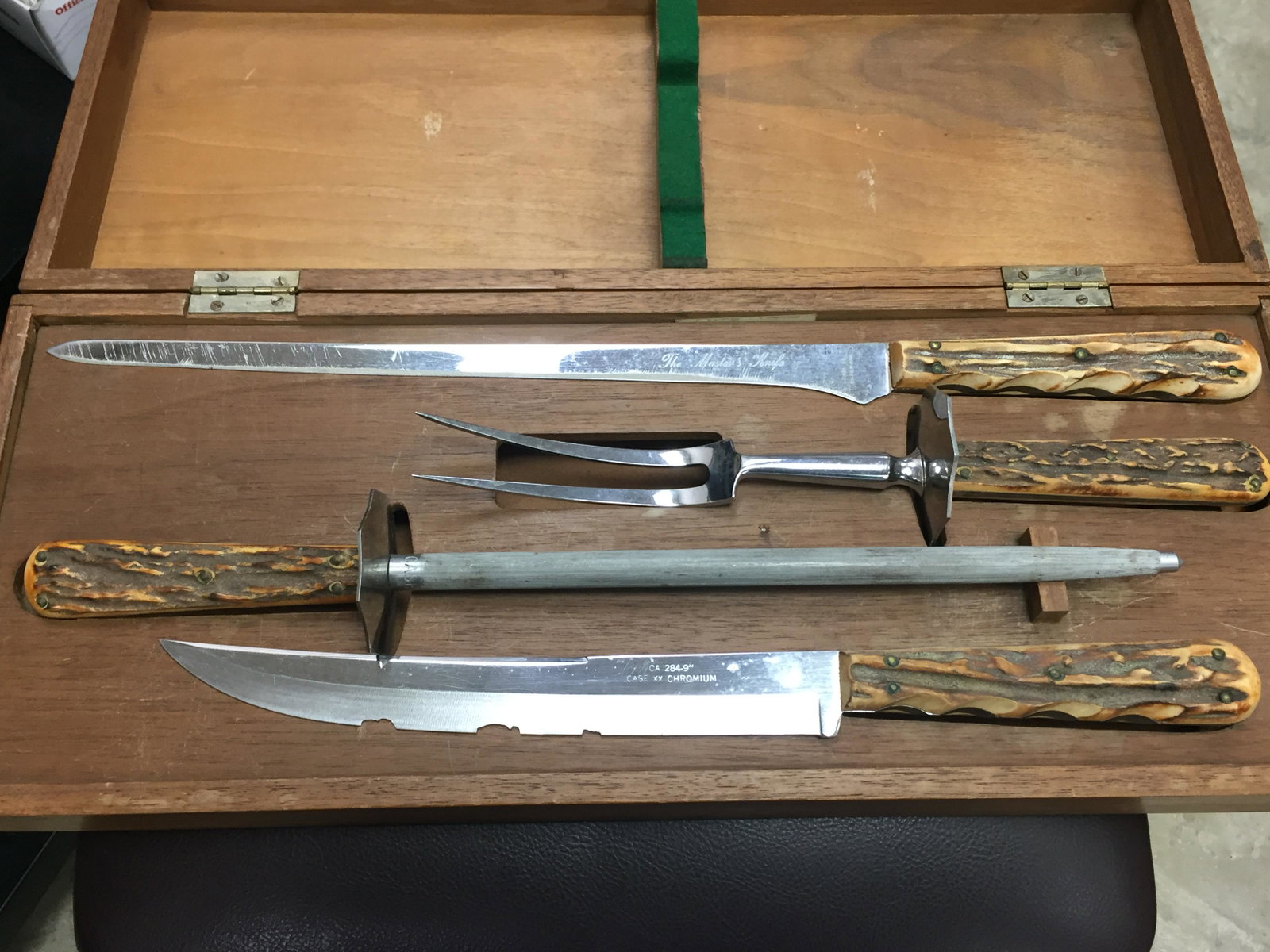 Case Carving Set, Antler Handles: Vintage Case & Chromium Knife Carving Set w/Antler Handles