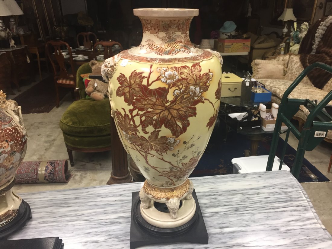 Asian-Vase: Footed Floral Vase on Teakwood Base, (hairline crack in base) 22"h x 11"dia.