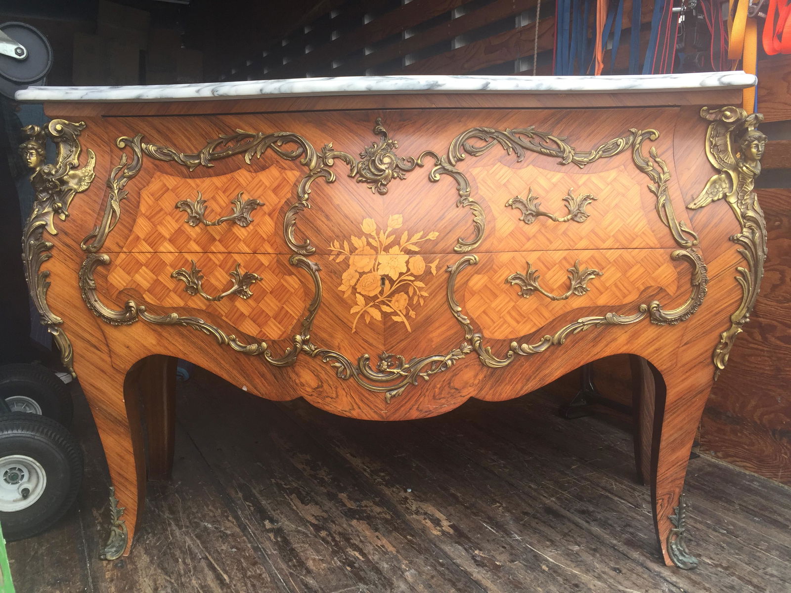 French Commode with Attached Ormolu: Antique French Louis XV Marble Top Bombay Chest Commode With Mounted Ormolu, 35"h x 53"w x 21"d