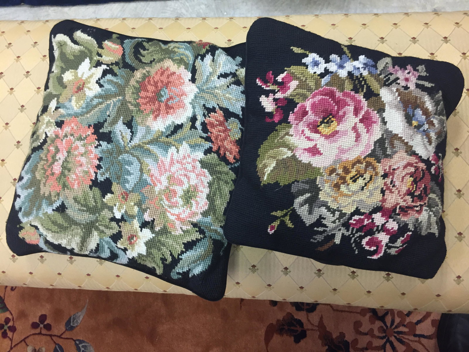 Needle Point Floral Throw Pillows: (2)Needle Point Pillows