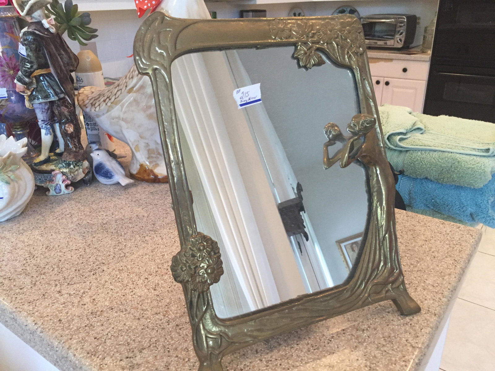 Mirror-Bronze: Bronze Art Nouveau Dresser Mirror, 12.5"h x 9.25"w