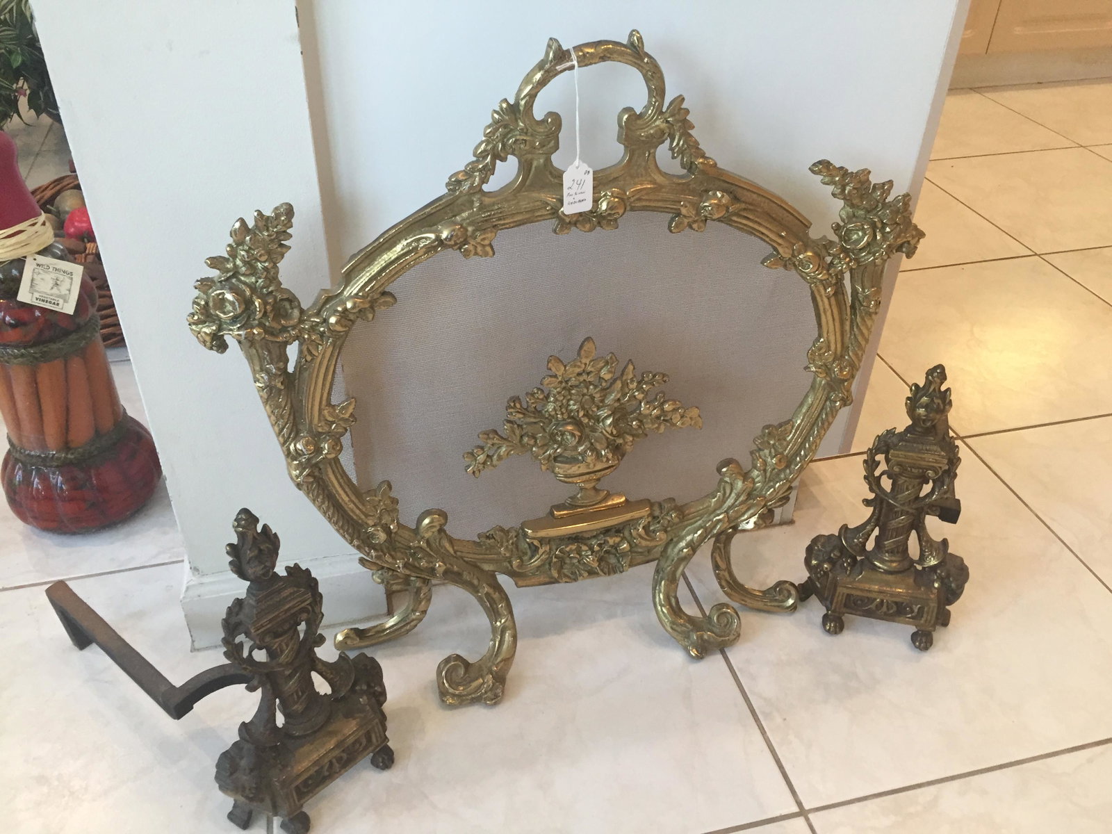 Firescreen: Gilt Bronze French Fire Screen & pair Andirons,(Firescreen 26"h x 27"w)(Andirons 13"h x 7.5"w)