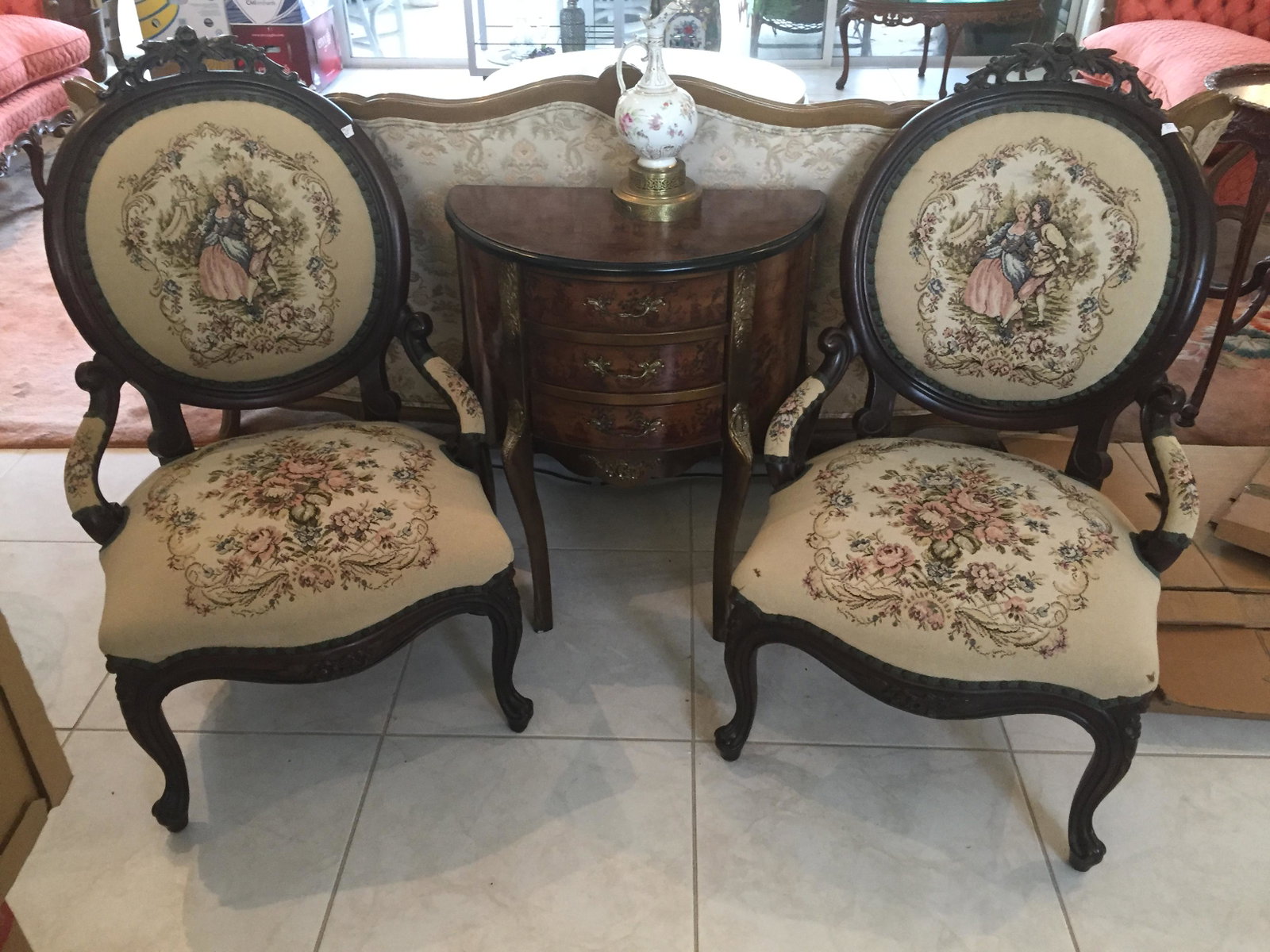Chairs: Pair Victorian Needle Point Slipper Chairs, 38"h x 24"w x 30"d