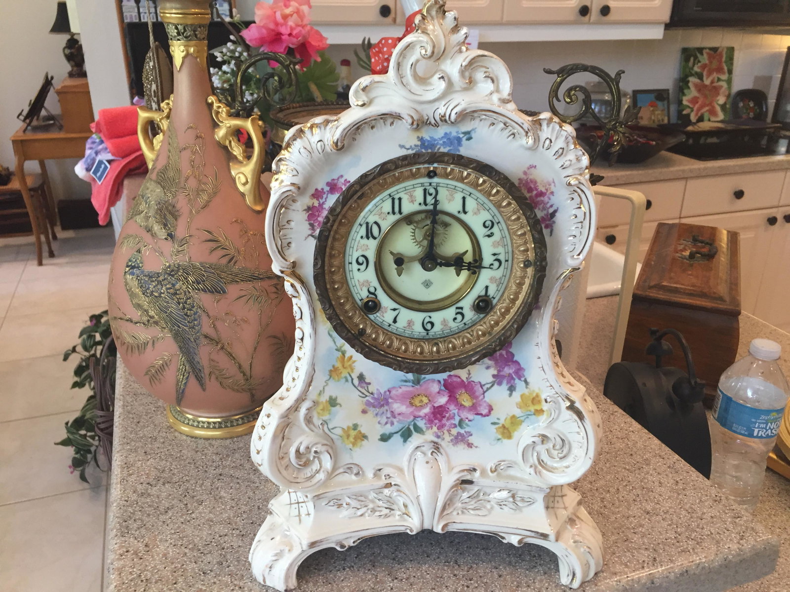 Royal Bonn - Clock: Hand Painted Royal Bonn Ansonia Mantle Clock w/Key (June 14,1881), 14"h x 10"w x 5.75"d
