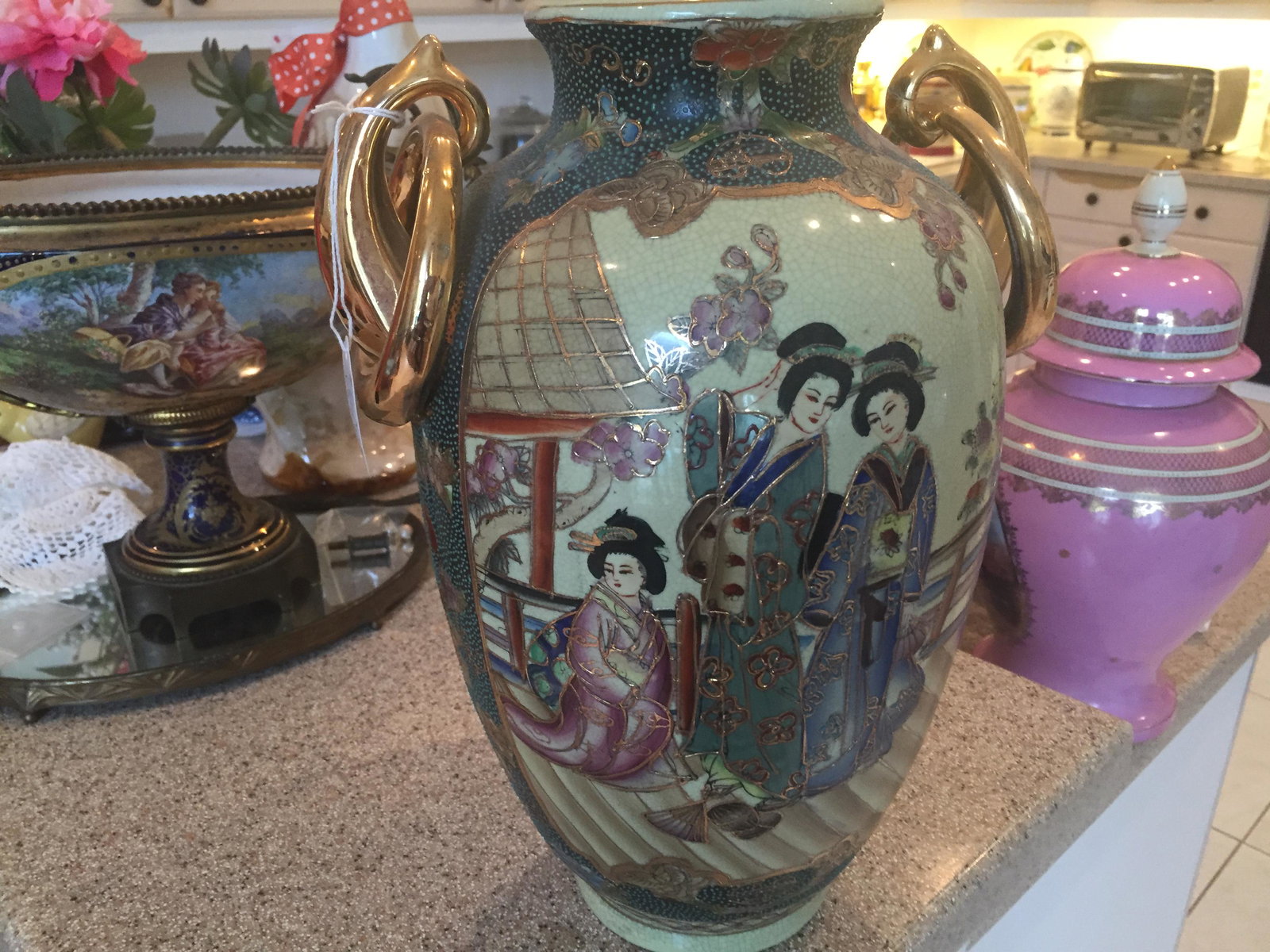 Asian-Royal Satsuma-Vase: Royal Satsuma Hand Painted Vase, 14"h x 10"dia.