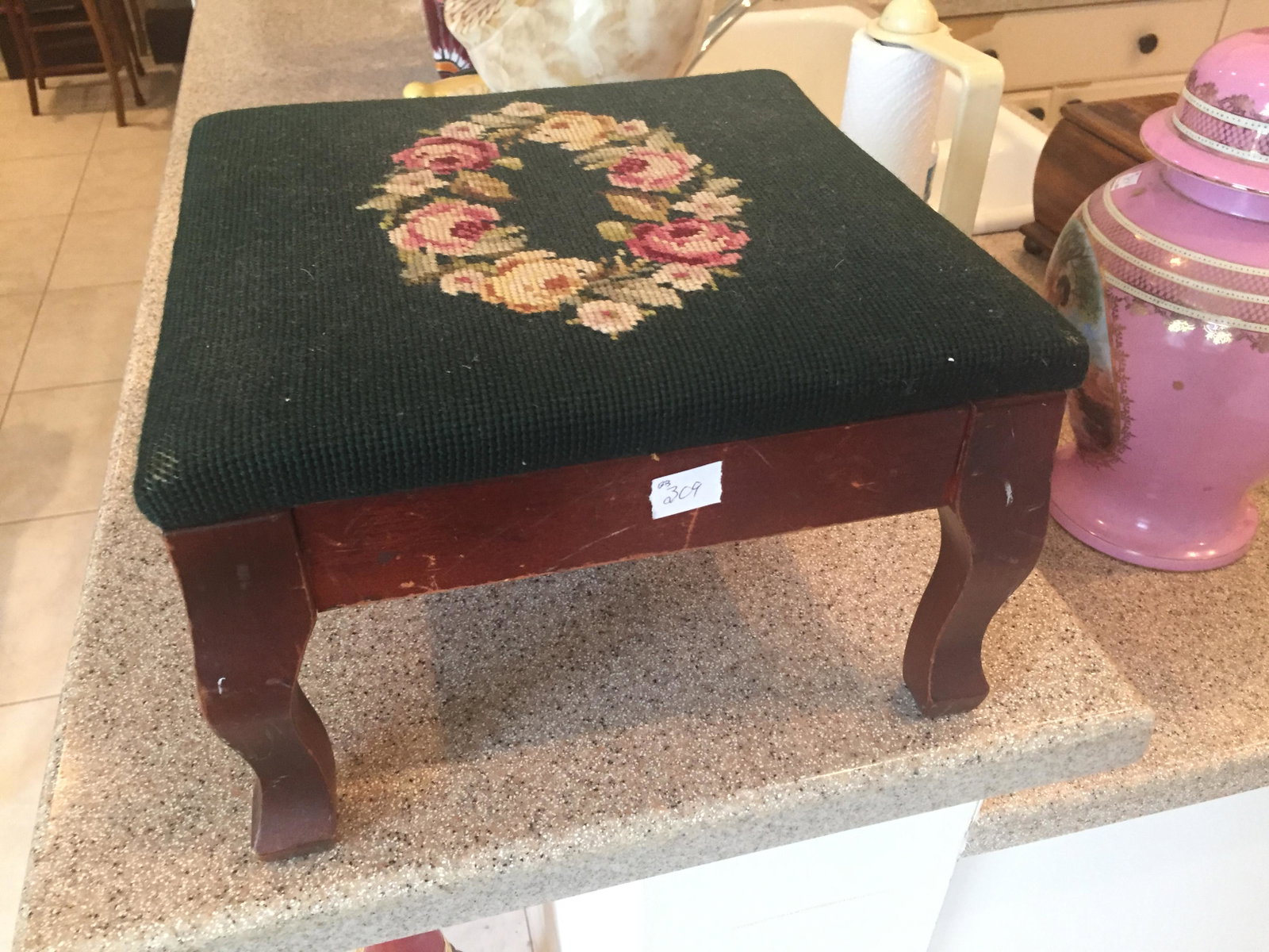 Footstool: Needle Point Footstool, 7.5"h x 12"sq.