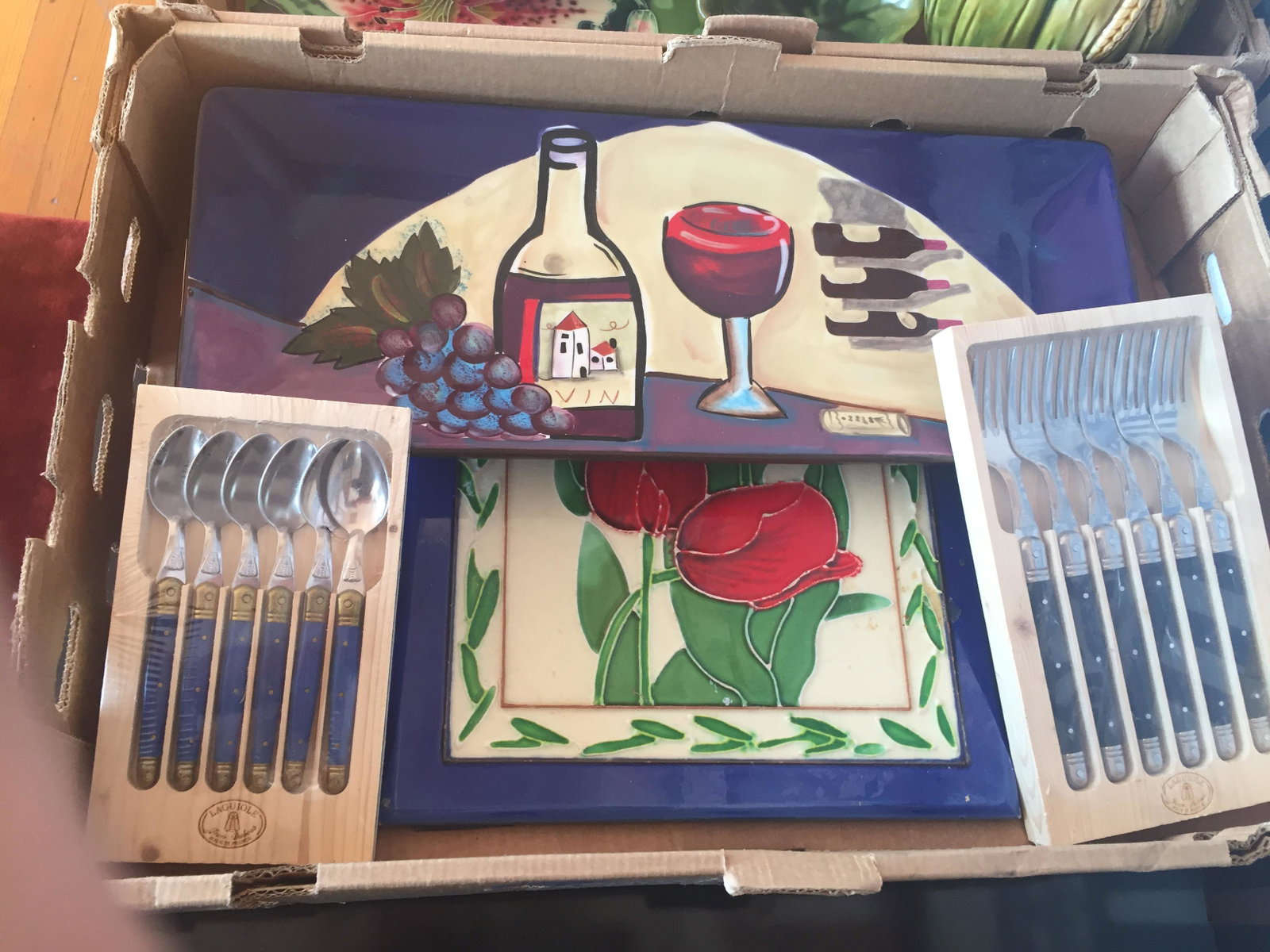 Box Misc Misc.: Box Lot, (tulip tile,spoons,forks, platter on stand)