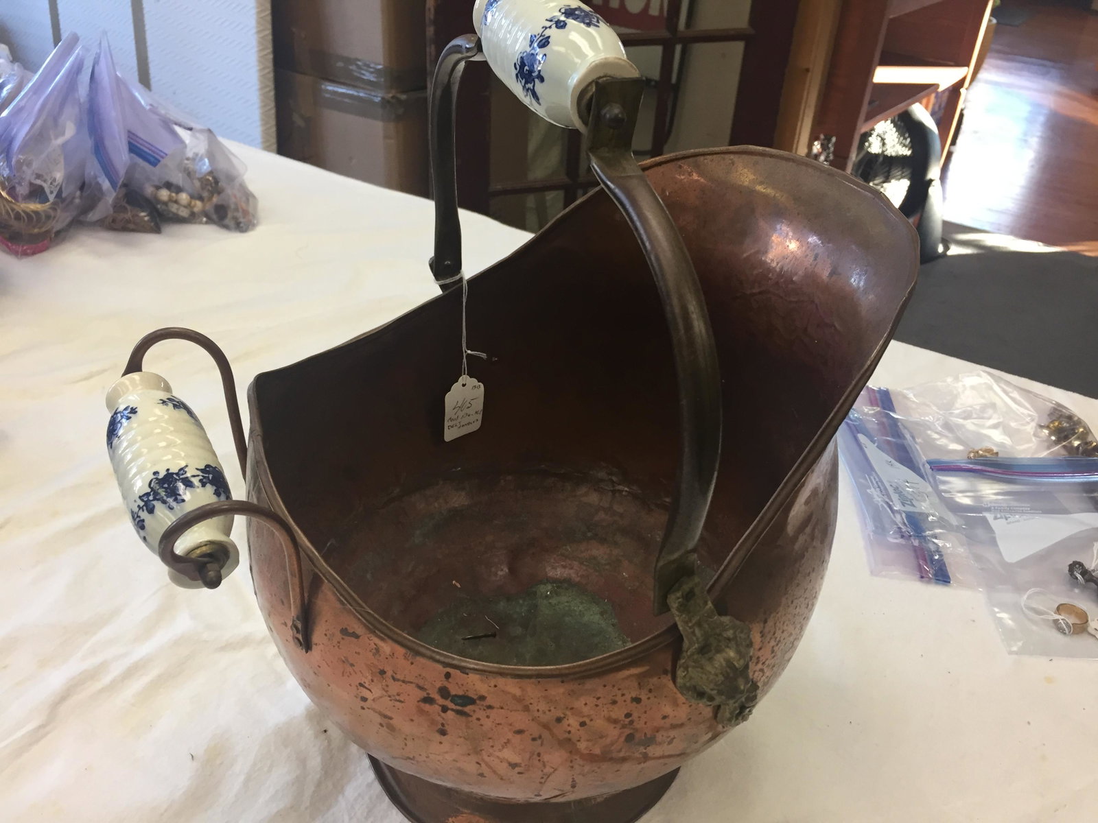 Firelplace-Scuttle: Copper Coal Scuttle w/Delf Handle, 12"h x 12"dia.