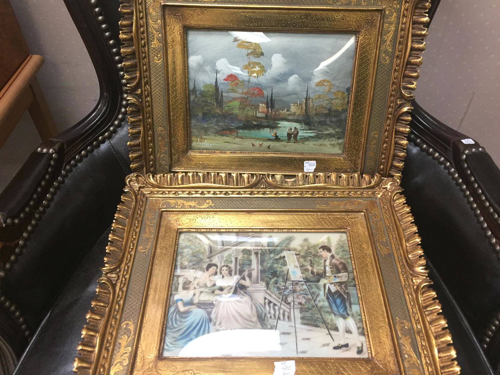 Painting: (2) Gilt Framed Pictures (one Oil Painting under glass, the other looks touch up painting), 13.5"h x 15.5"w