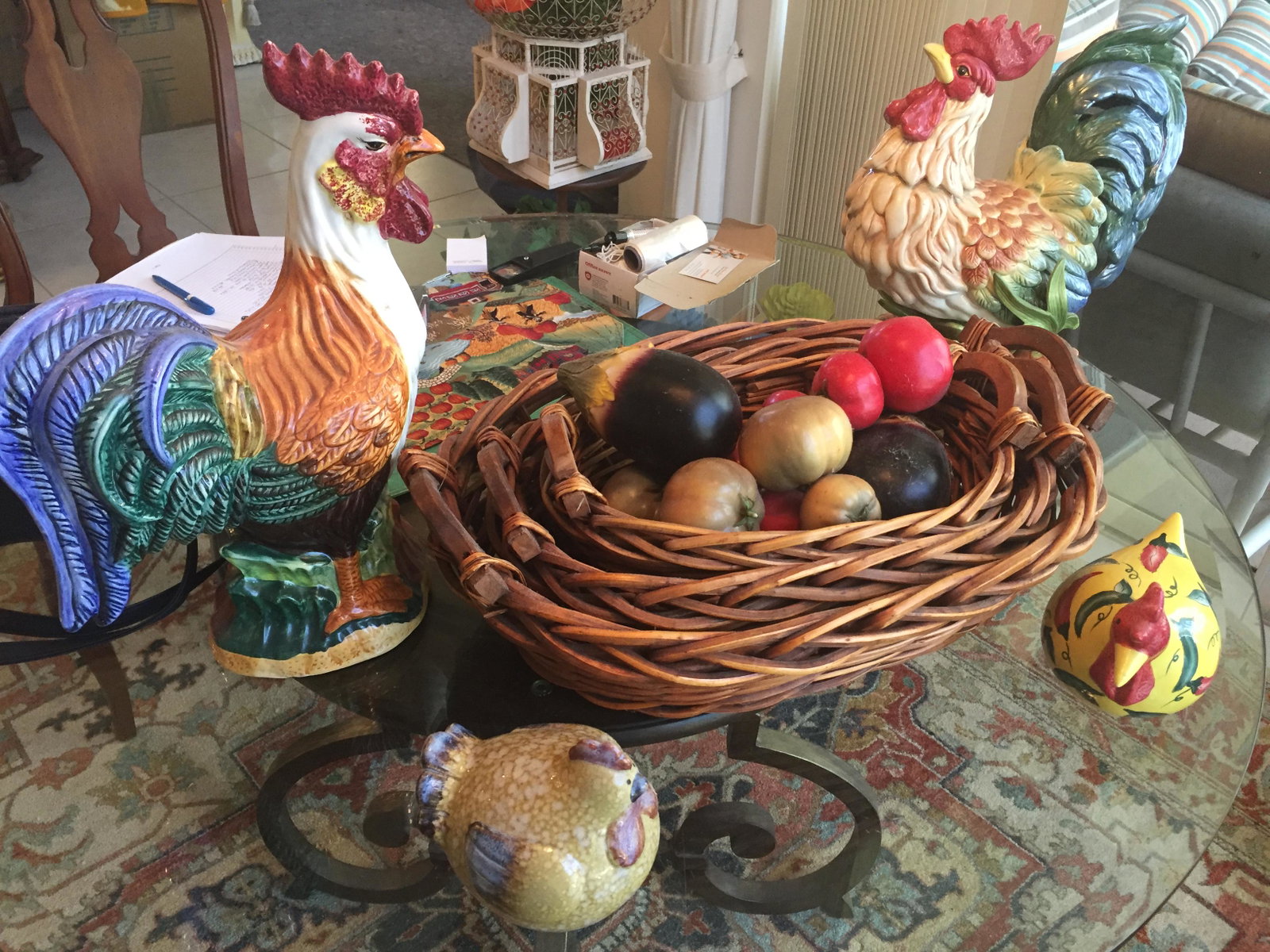 Fritz & Floyd: 2-Roosters (1-Fritz & Floyd), 13"h x 22"w, 2-Chicks, 3-Baskets w/Veg.