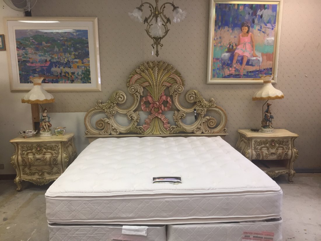 King Size Bed: King Size Bed w/metal frame (no mattress), 6'h x 7'w