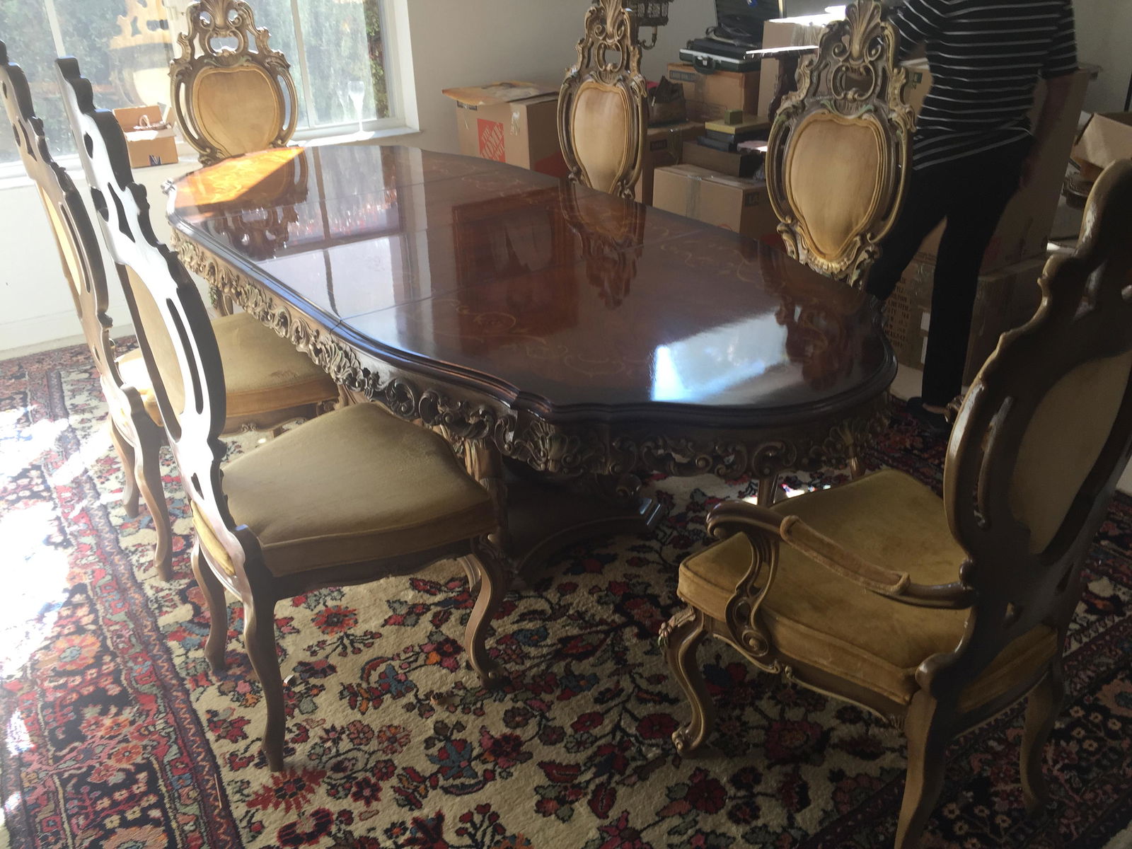 Din.Table w/6-Chairs: Dining Room Table, (2) 18"w leafs, (2) Arm Chairs, (4) Armless Chairs. (Total length 144" x 44"w) Table Pads (Both Arm Chairs have been repaired.)