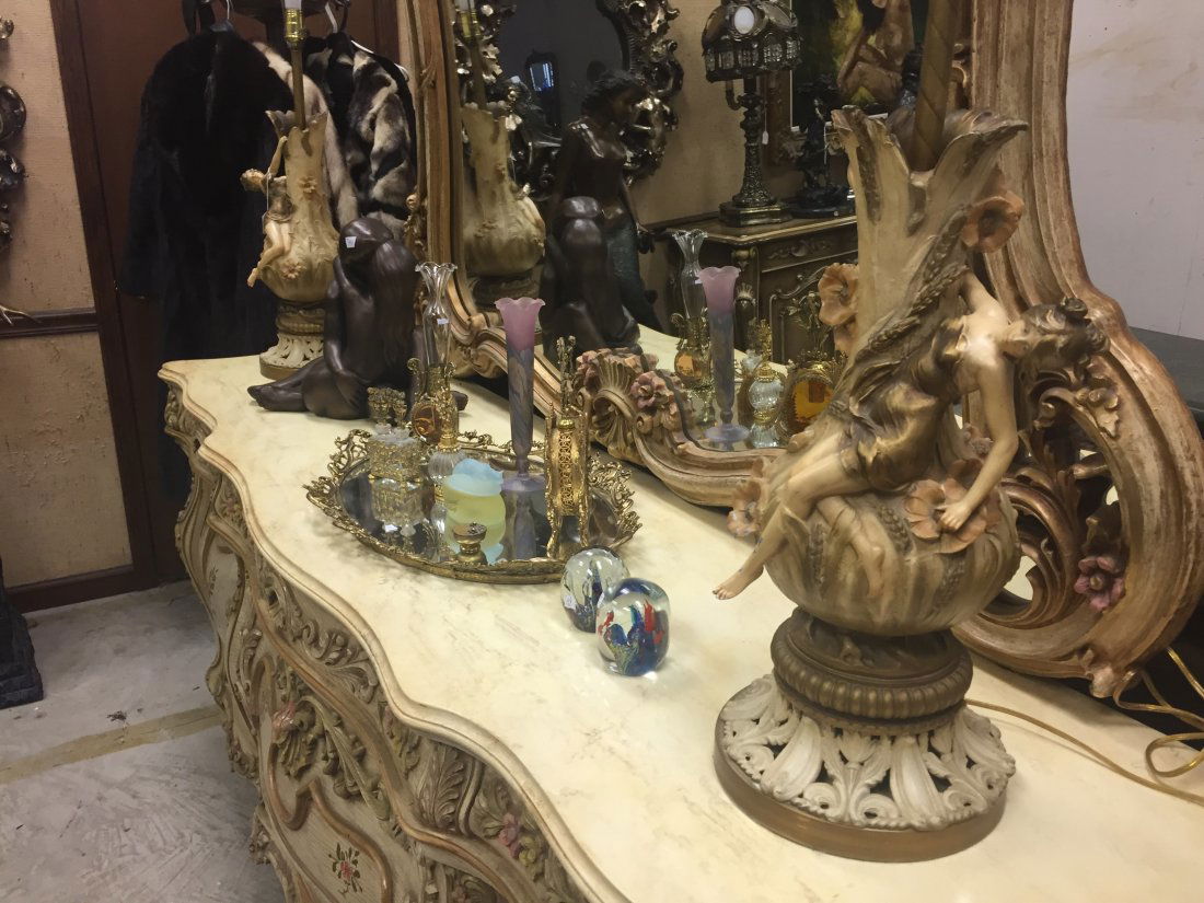 Pr.Aug.Moreau Lamps: Pair Art Nouveau Auguste Moreau Cold Painted Spelter Lamps, 20h (up to 36) 9"dia. (no shades)