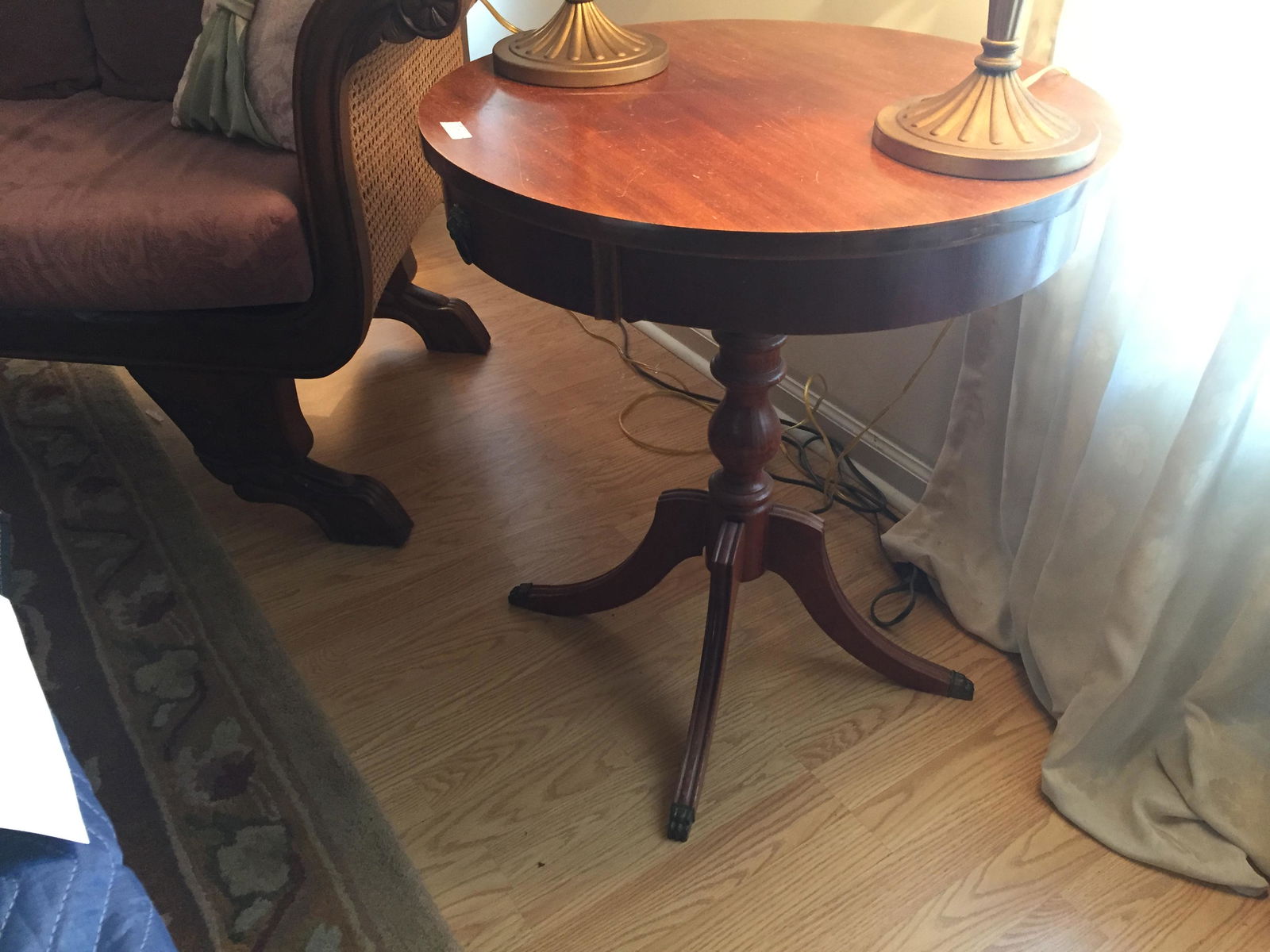 Duncan Phyfe Table: Duncan Phyfe Drum/Lamp Table with 1-Drawer, 27"h x 24"dia.