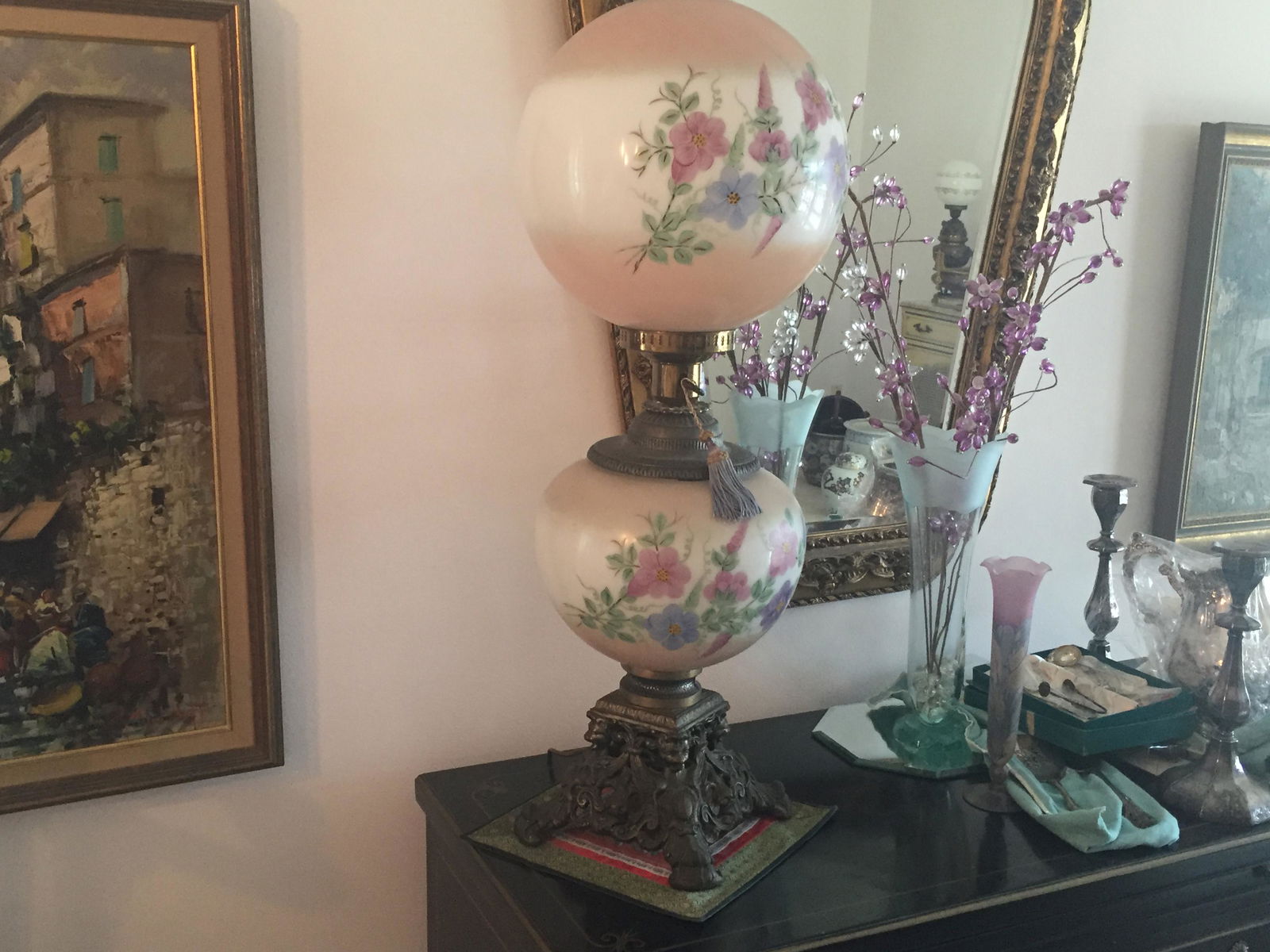 G/W/W Lamp: Antique Gone With The Wind Lamp, Floral Globes 32"h x 11"dia