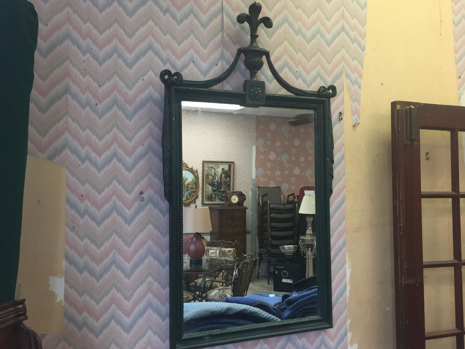 Painted Antique Mirror: Green Painted Mahogany Antique Wall Mirror, 47x25