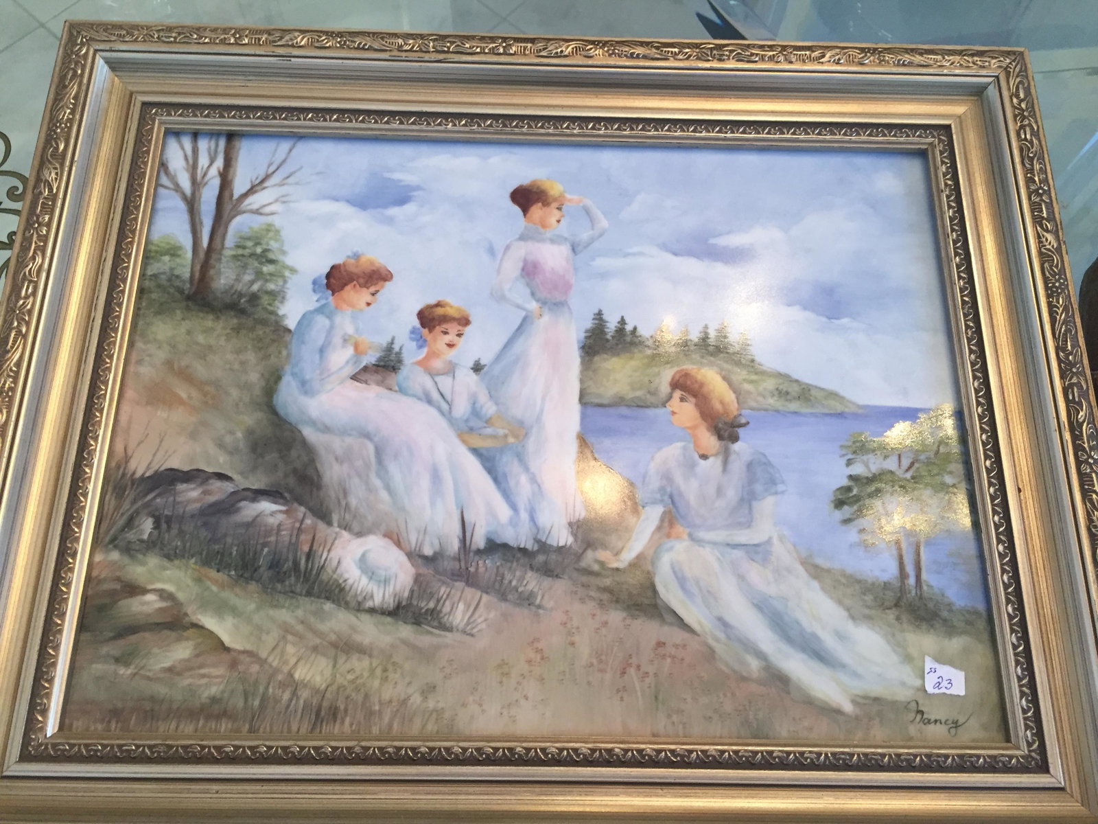 Painting on Tile: Gold Frame 14.5"h x 20.5, Painting on Tile by Nancy