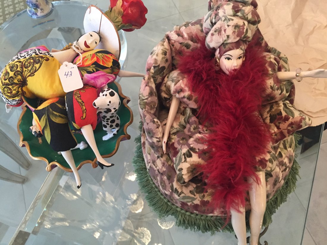 Doll in Cup & Doll Lounging: Porcelain Deco Doll sitting in a cup 7h x 9w x 11d(hat been glued)& Doll Lounging (glued foot)