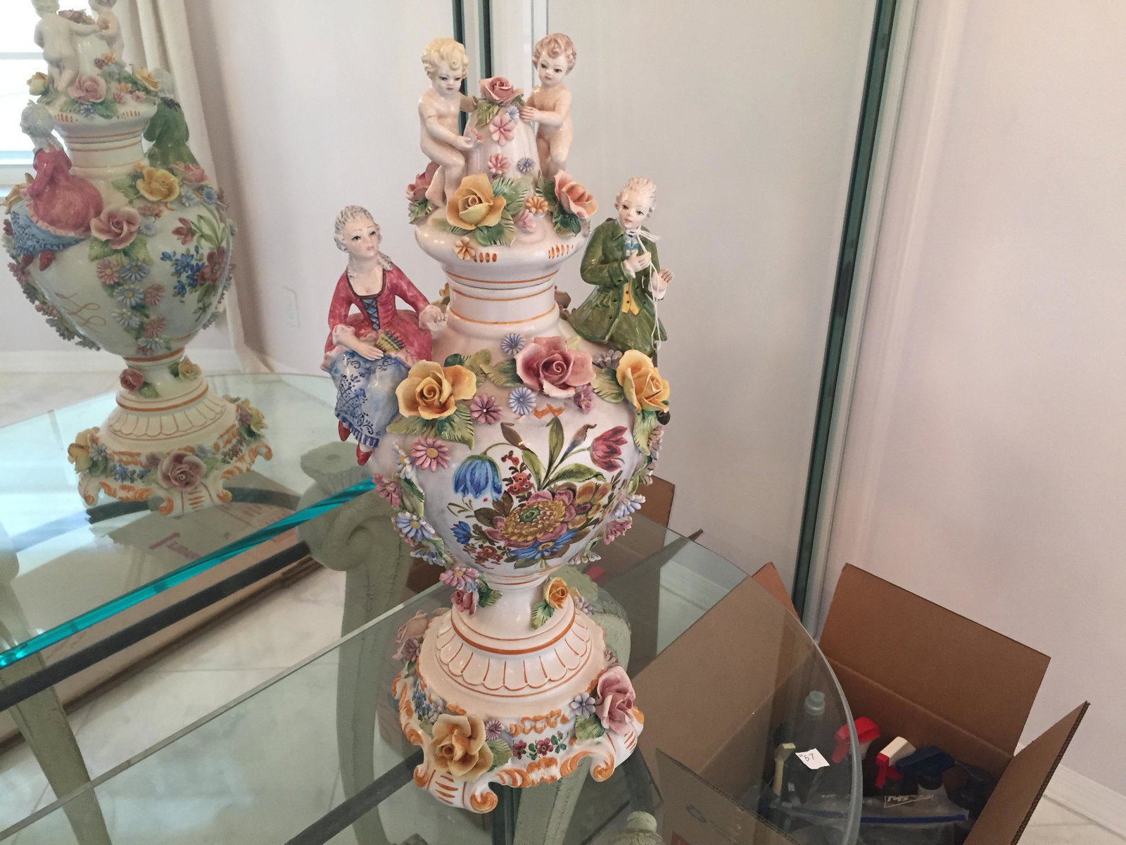 Capo style Urn with Cherubs: Looks like Capodimonte Urn with attached flowers & lid (cherup's arm has been glued)