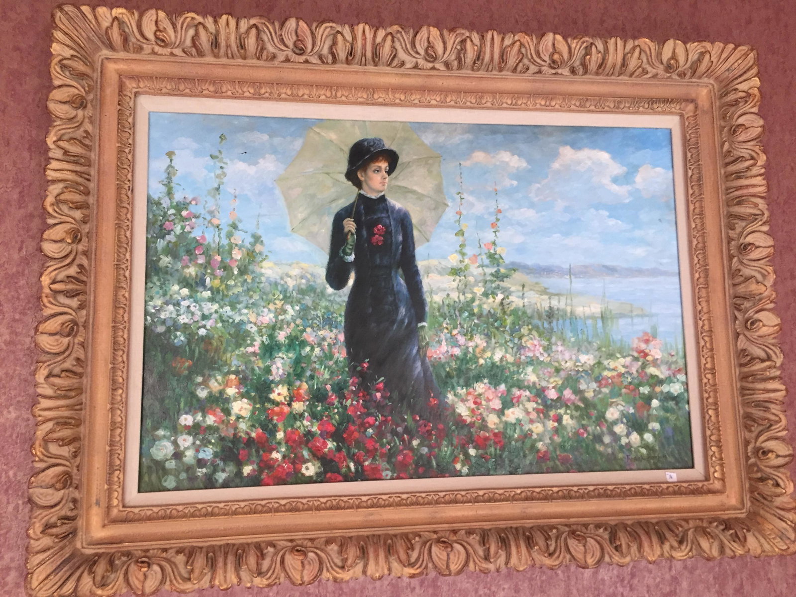 Frank Benson Oil/Canvas 'Lady in Flowers': Ornate Gold Frame34x46, Oil/Canvas 'Lady in Flowers' signed LR, Frank Benson) 24x36