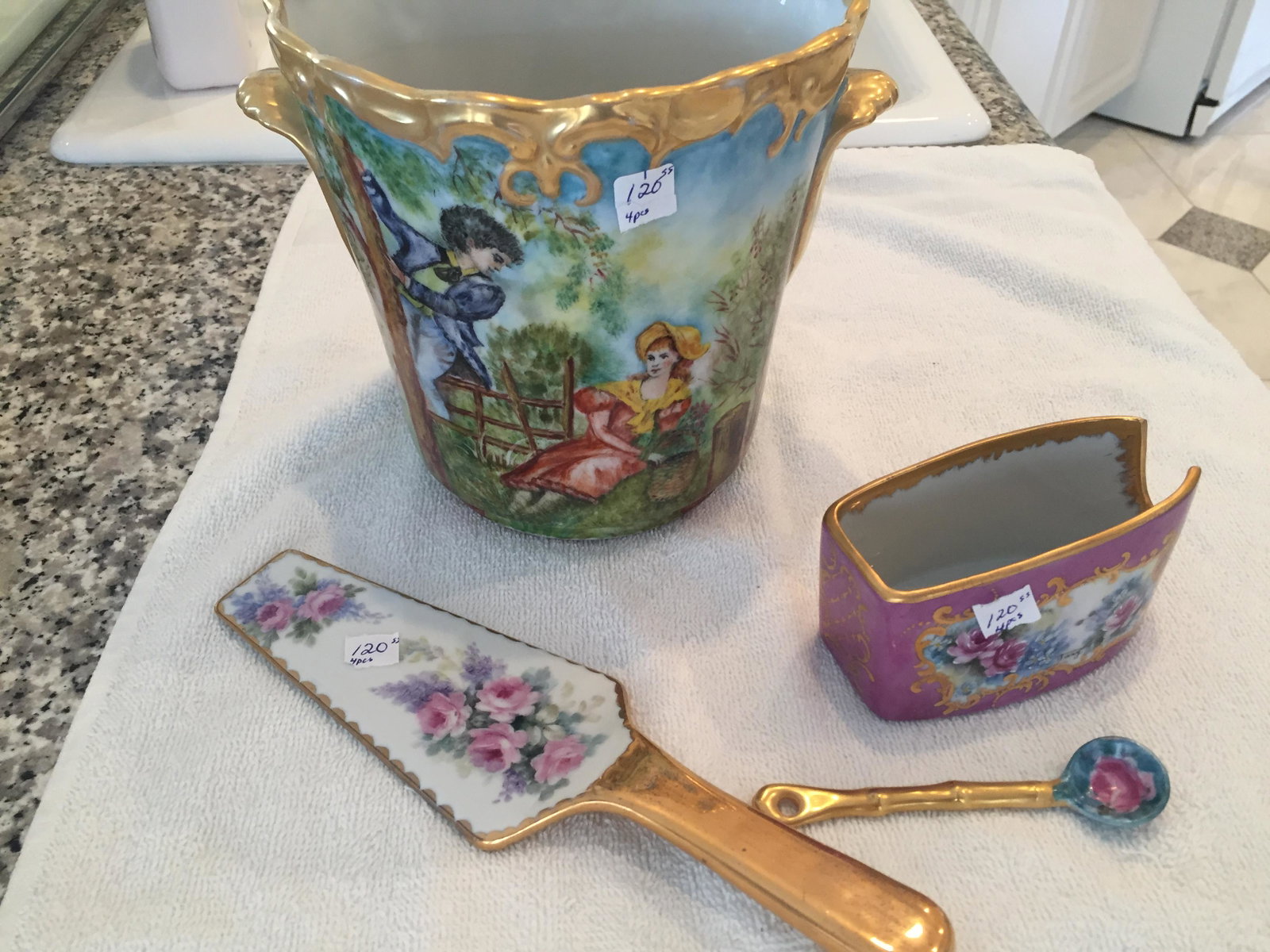 4-H.Paint.Wine Bucket +: (4pcs.) Hand Painted by Nancy (Limoges Wine Bucket, Server, Spoon & Waste Bowl)
