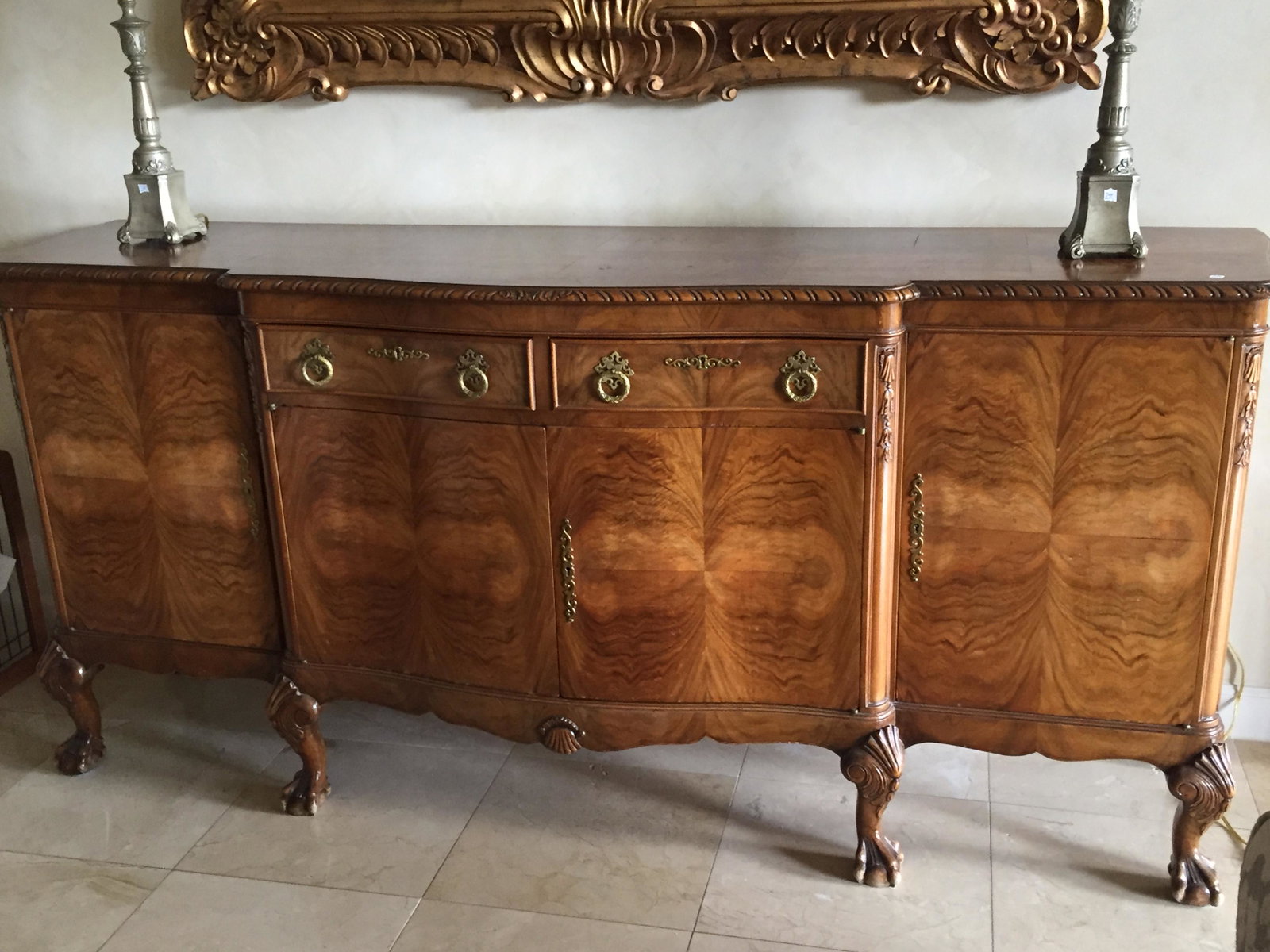 Chippendale Buffet: Quarter Saw Burl Chippendale Buffet, 39"h x 7'w x 24"d