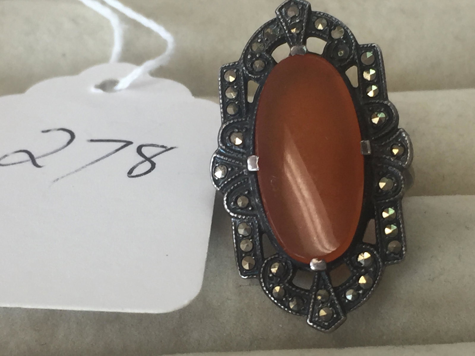 Sterling Amber Marcasite Ring: Antique Sterling Amber Marcasite Ring size 5