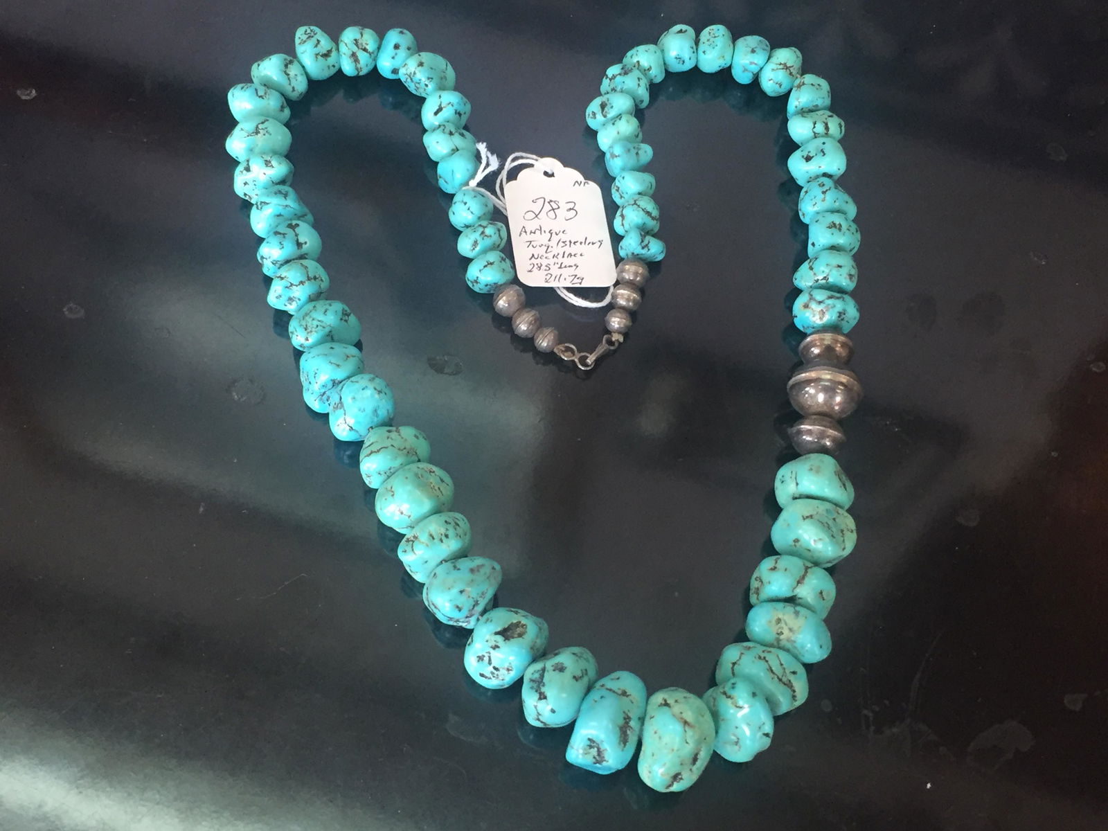 Sterling Turquoise Necklace: Native American Antique Sterling Turquoise 28.5"L Necklace. 211.7ozt