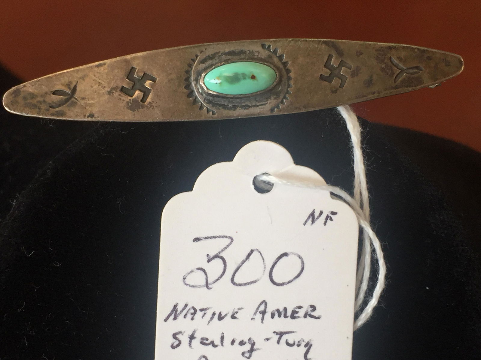 Native American Brooch: ANTIQUE STERLING HOPI SWASTIKA BROOCH W/TURQUOISE