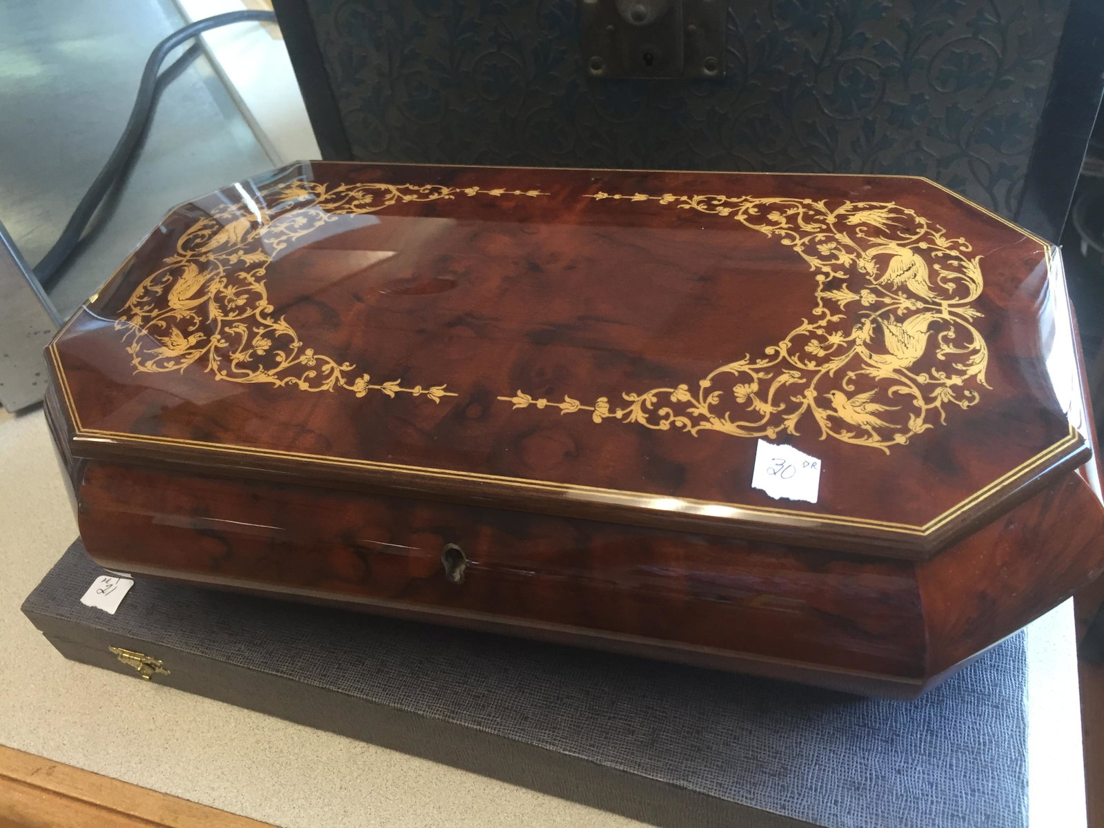 Italian Music/Jewelry Box: Italian Hand Made Walnut Instrument Theme Wood Inlay Music/Jewelry Box, 4h x 14.5w x 8h